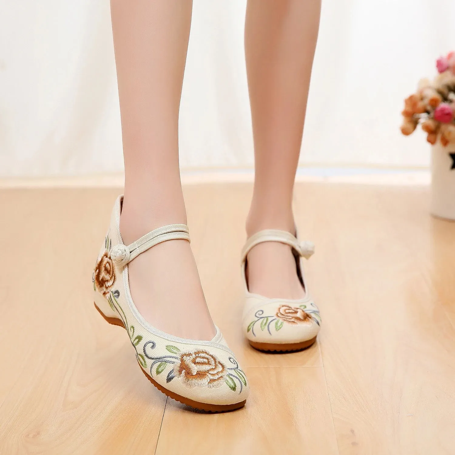 Merendy Arrosa Handmade Embroidered Canvas Mary Jane Ballet Flats