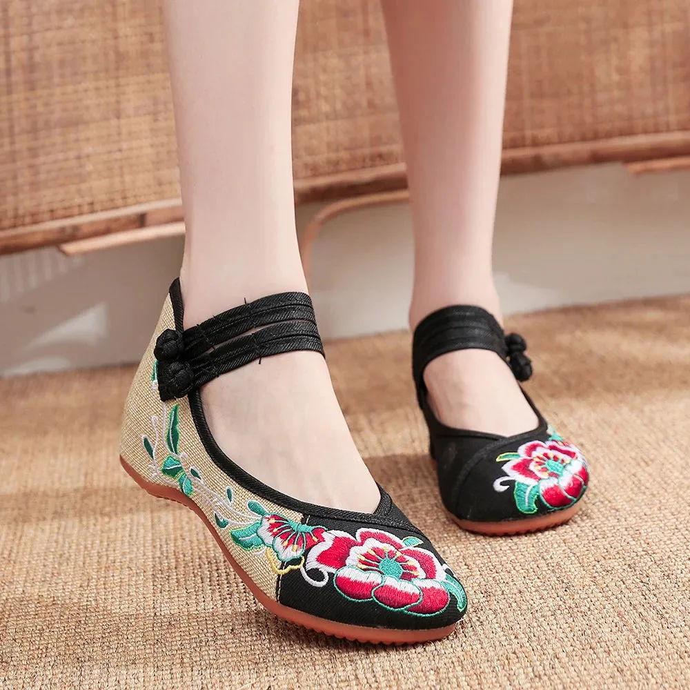 Merendy Arrosa Handmade Embroidered Canvas Mary Jane Ballet Flats