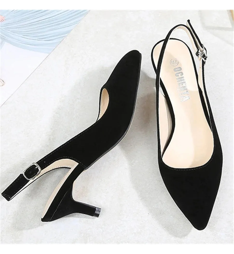 Merendy Caviar Pointed Toe Kitten Heels with Ready Buckle Strap Pumps