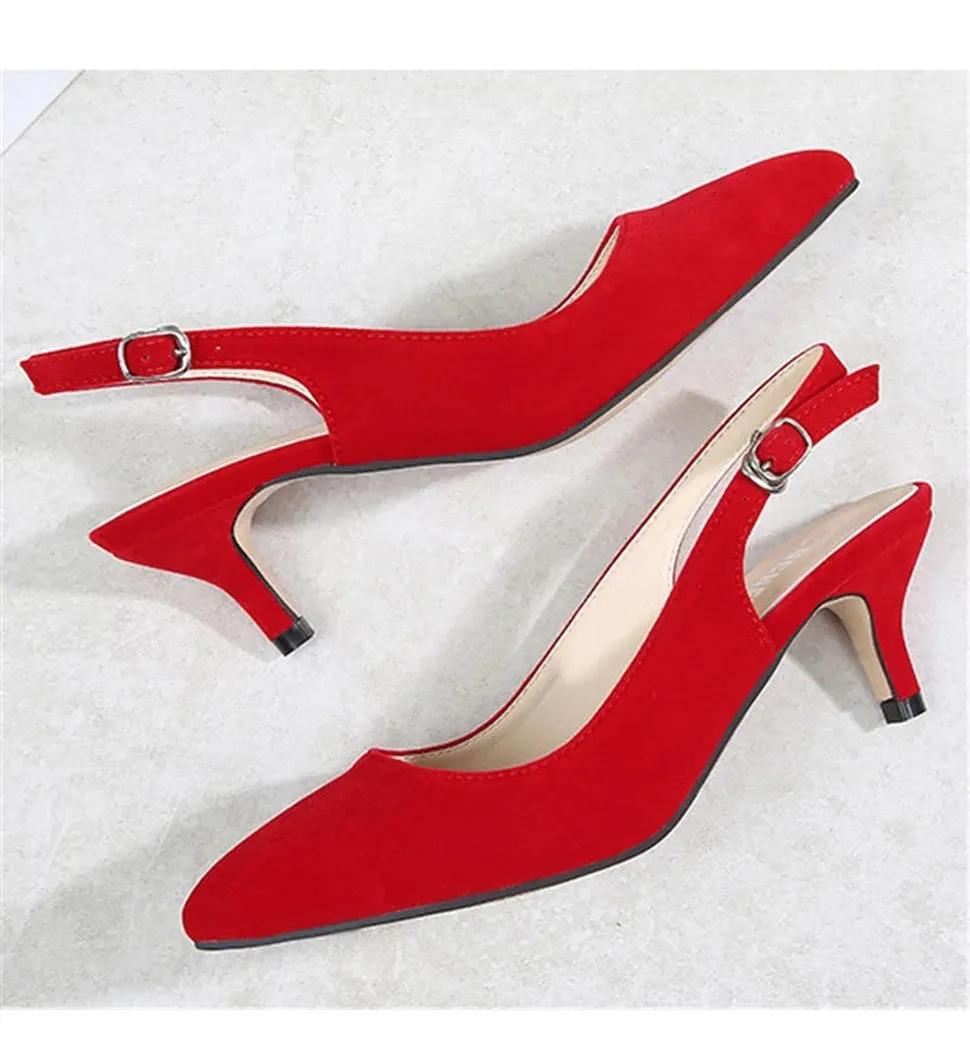 Merendy Caviar Pointed Toe Kitten Heels with Ready Buckle Strap Pumps