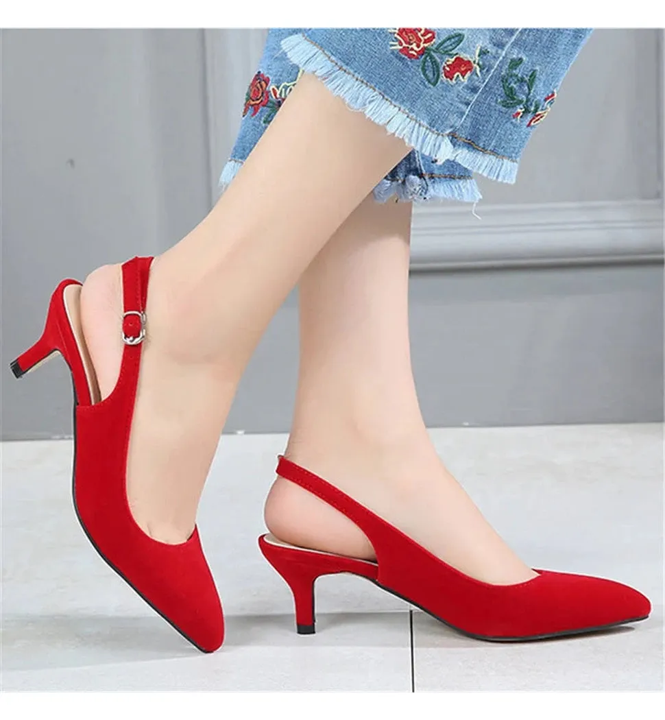 Merendy Caviar Pointed Toe Kitten Heels with Ready Buckle Strap Pumps