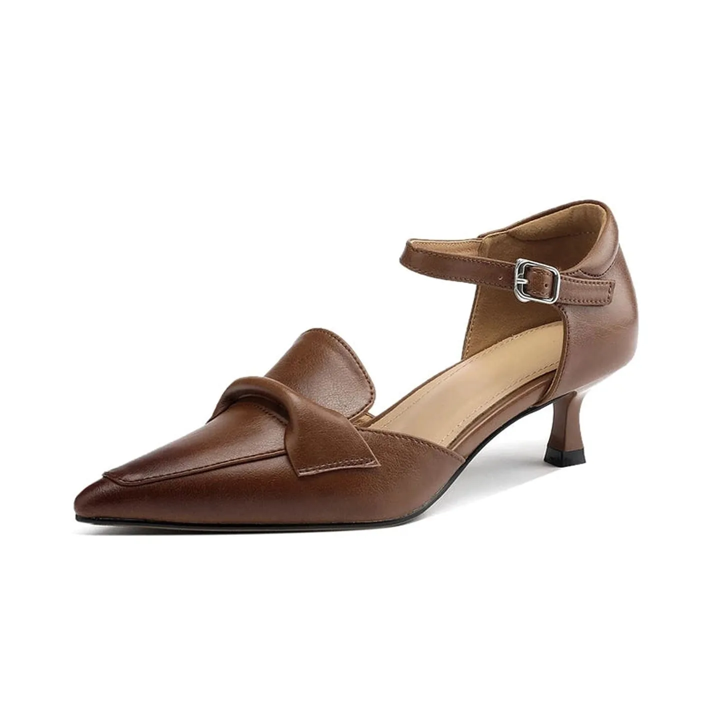 Merendy Kefah Pointed Leather Cowhide Buckle Kitten Heel Pumps