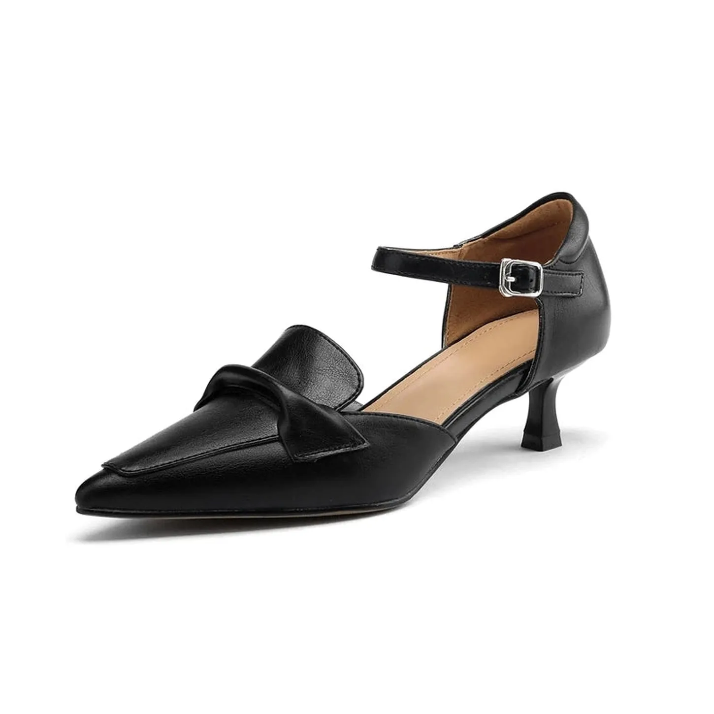 Merendy Kefah Pointed Leather Cowhide Buckle Kitten Heel Pumps