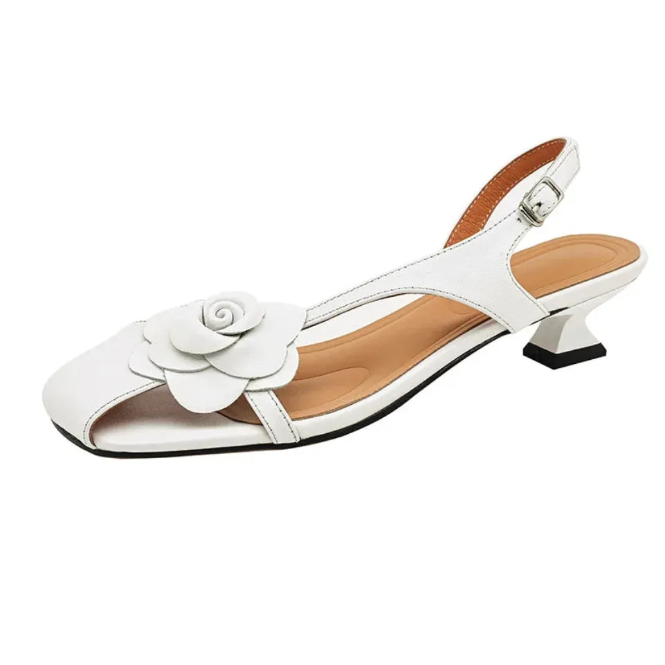 Merendy Marwan Med kitten Heels Round toe Flower  white silver shoes