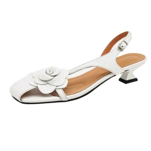 Merendy Marwan Med kitten Heels Round toe Flower  white silver shoes