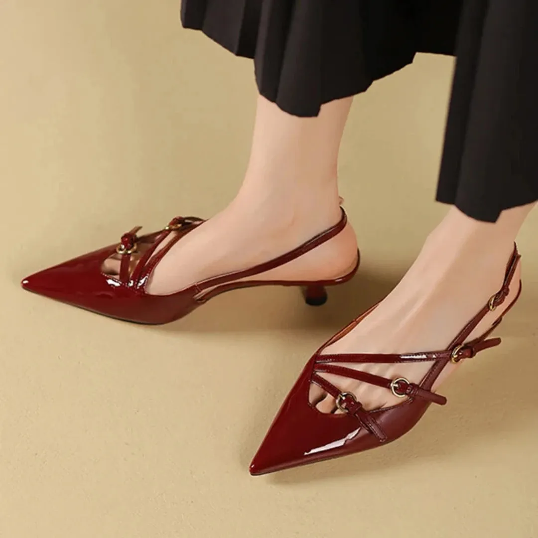 Merendy Romano Kitten Heel pointed toe buckle Strap pumps