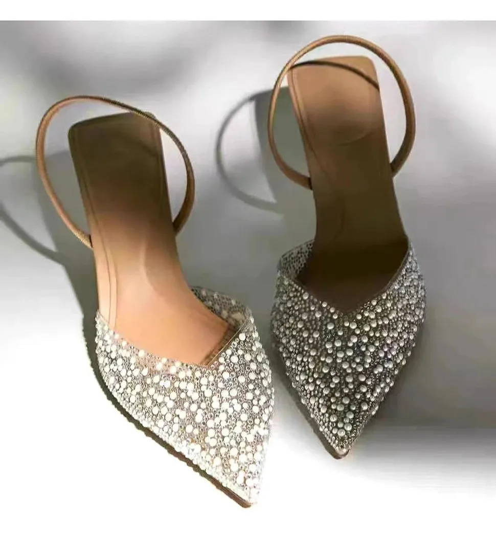 Merendy TRAF Pearl Kitten Heels Pointy Slingback French Pumps