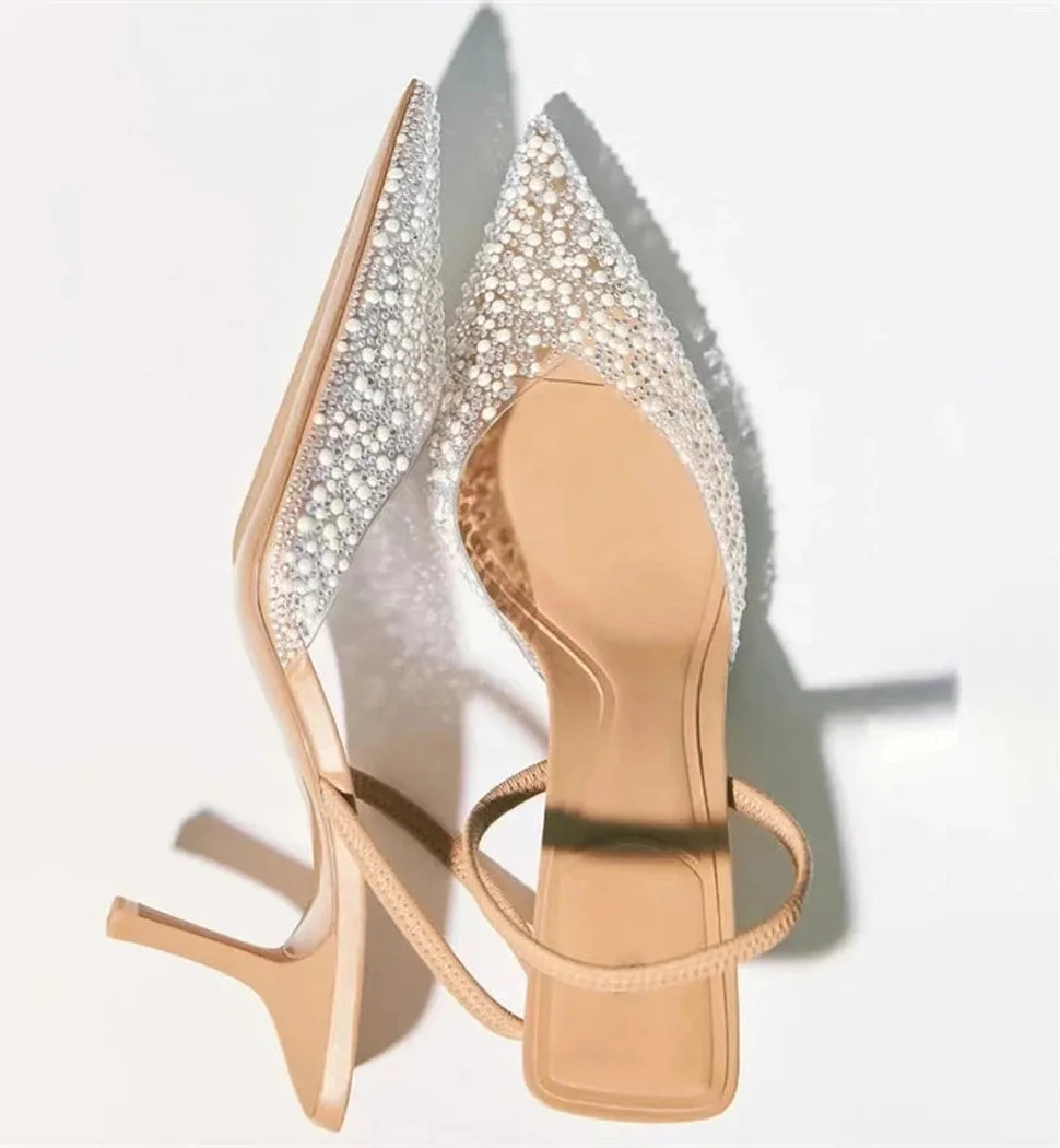 Merendy TRAF Pearl Kitten Heels Pointy Slingback French Pumps