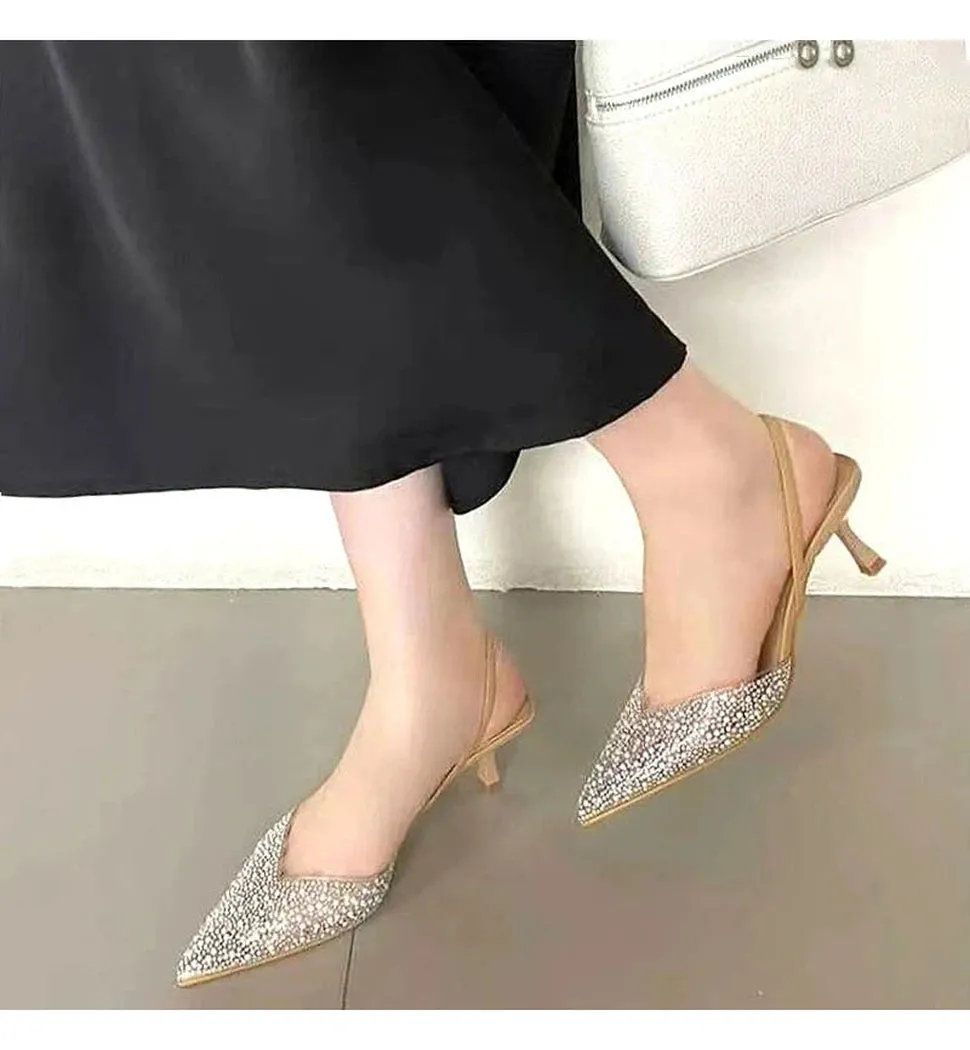 Merendy TRAF Pearl Kitten Heels Pointy Slingback French Pumps