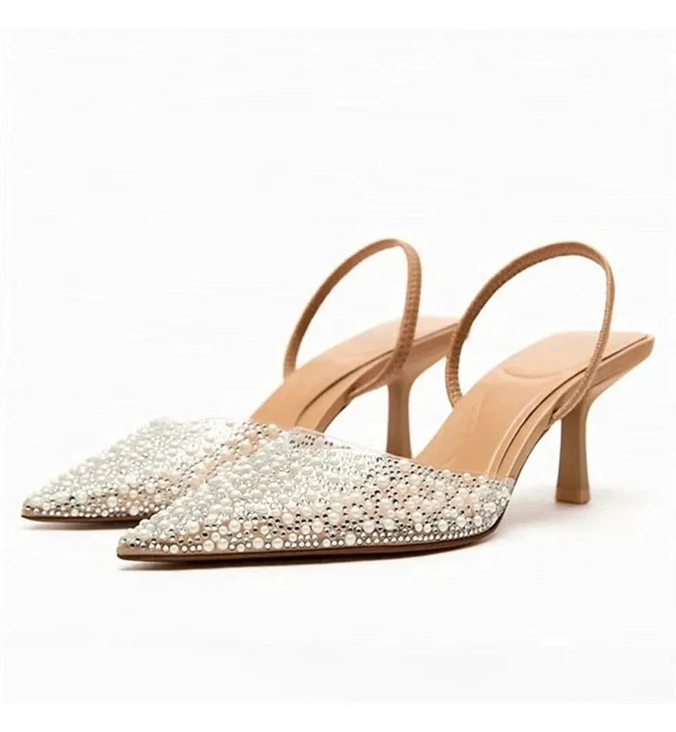 Merendy TRAF Pearl Kitten Heels Pointy Slingback French Pumps