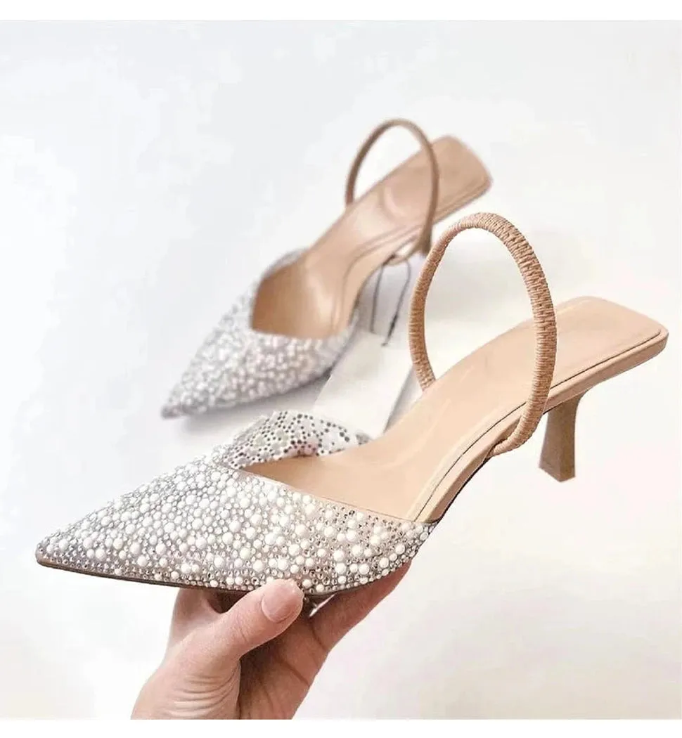 Merendy TRAF Pearl Kitten Heels Pointy Slingback French Pumps