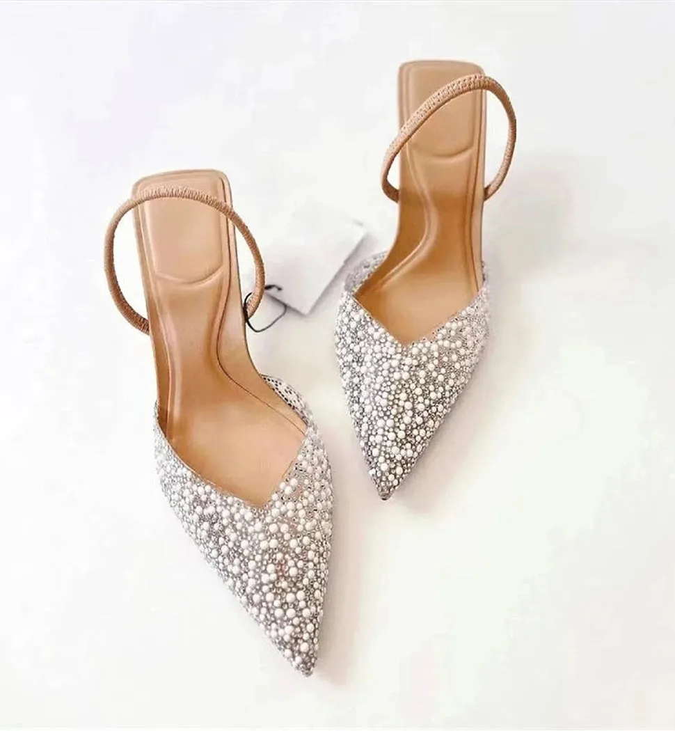 Merendy TRAF Pearl Kitten Heels Pointy Slingback French Pumps