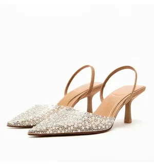 Merendy TRAF Pearl Kitten Heels Pointy Slingback French Pumps