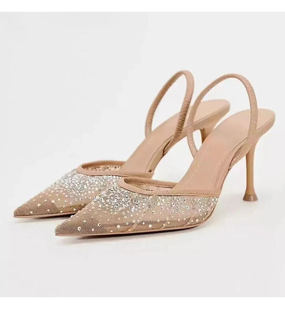 Merendy TRAF Pearl Kitten Heels Pointy Slingback French Pumps