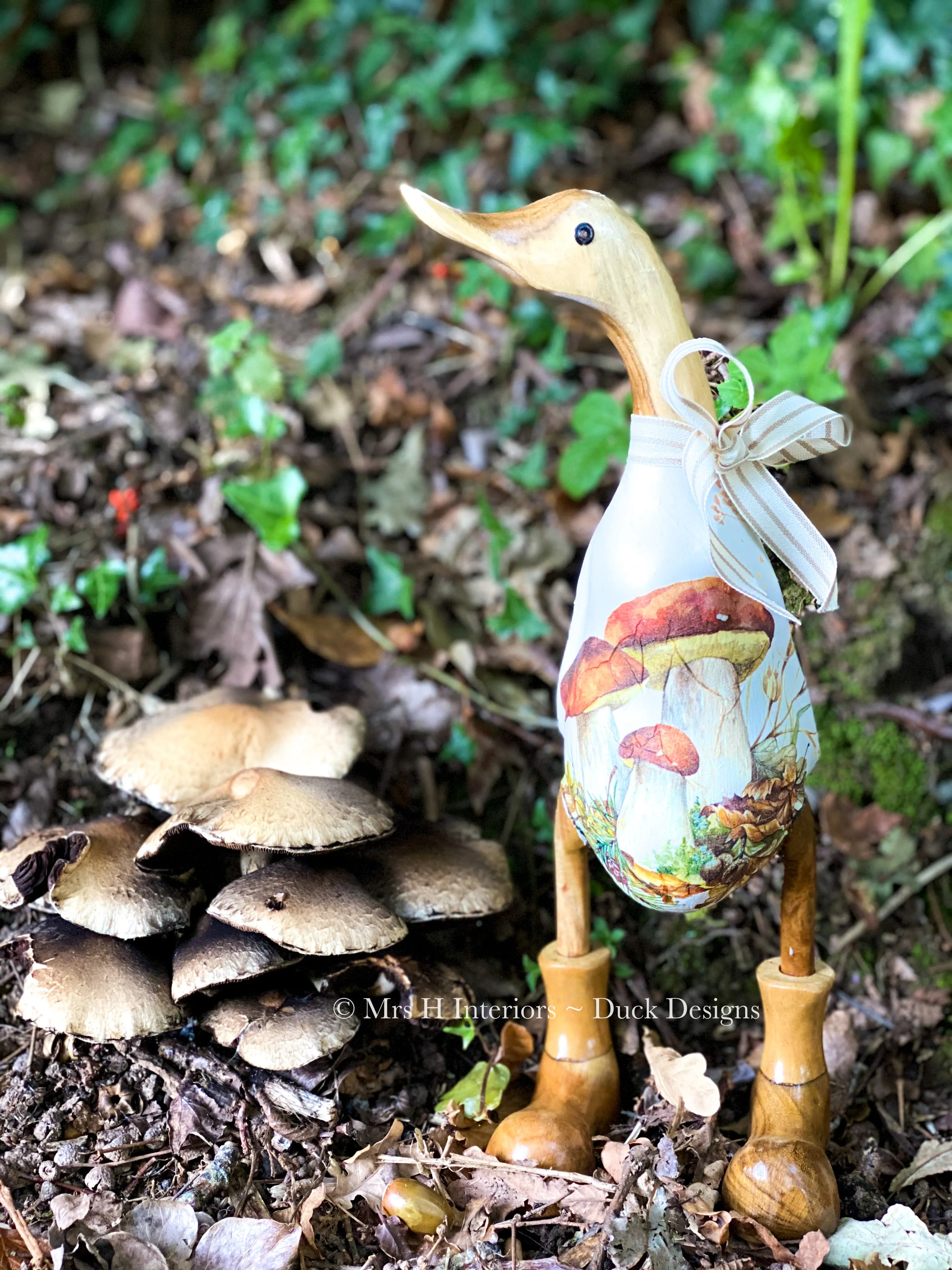 Merv Mushroom - Decorated Wooden Duck in Boots by Mrs H the Duck Lady