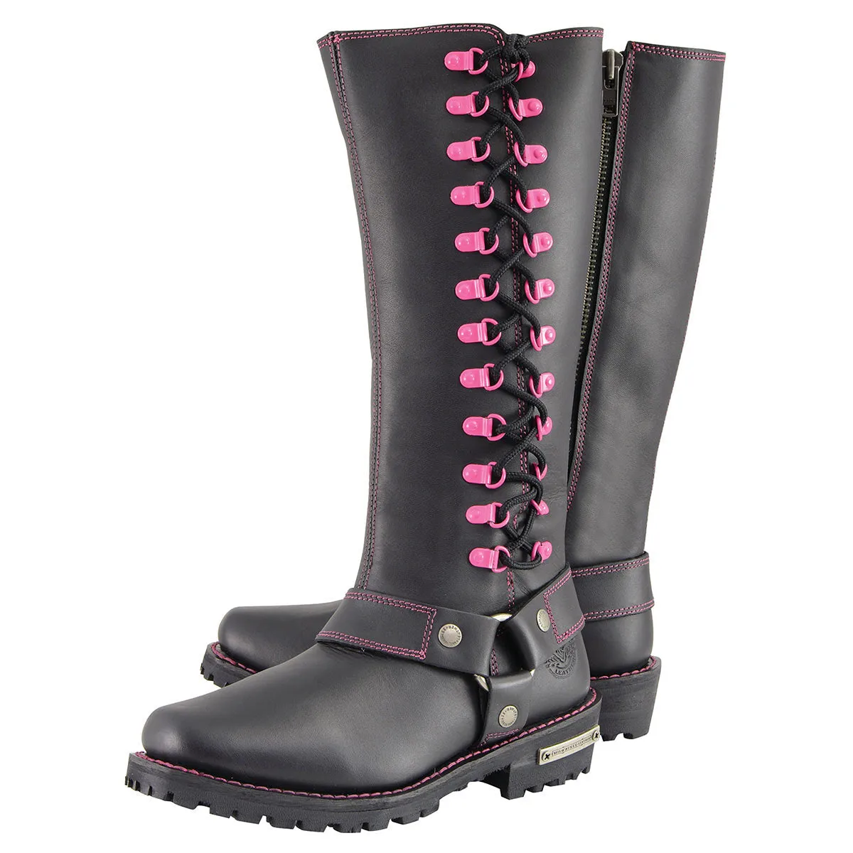 Milwaukee Leather Women's Black 14-inch Leather Harness Motorcycle Boots with Fuchsia Accent Lacing MBL9367