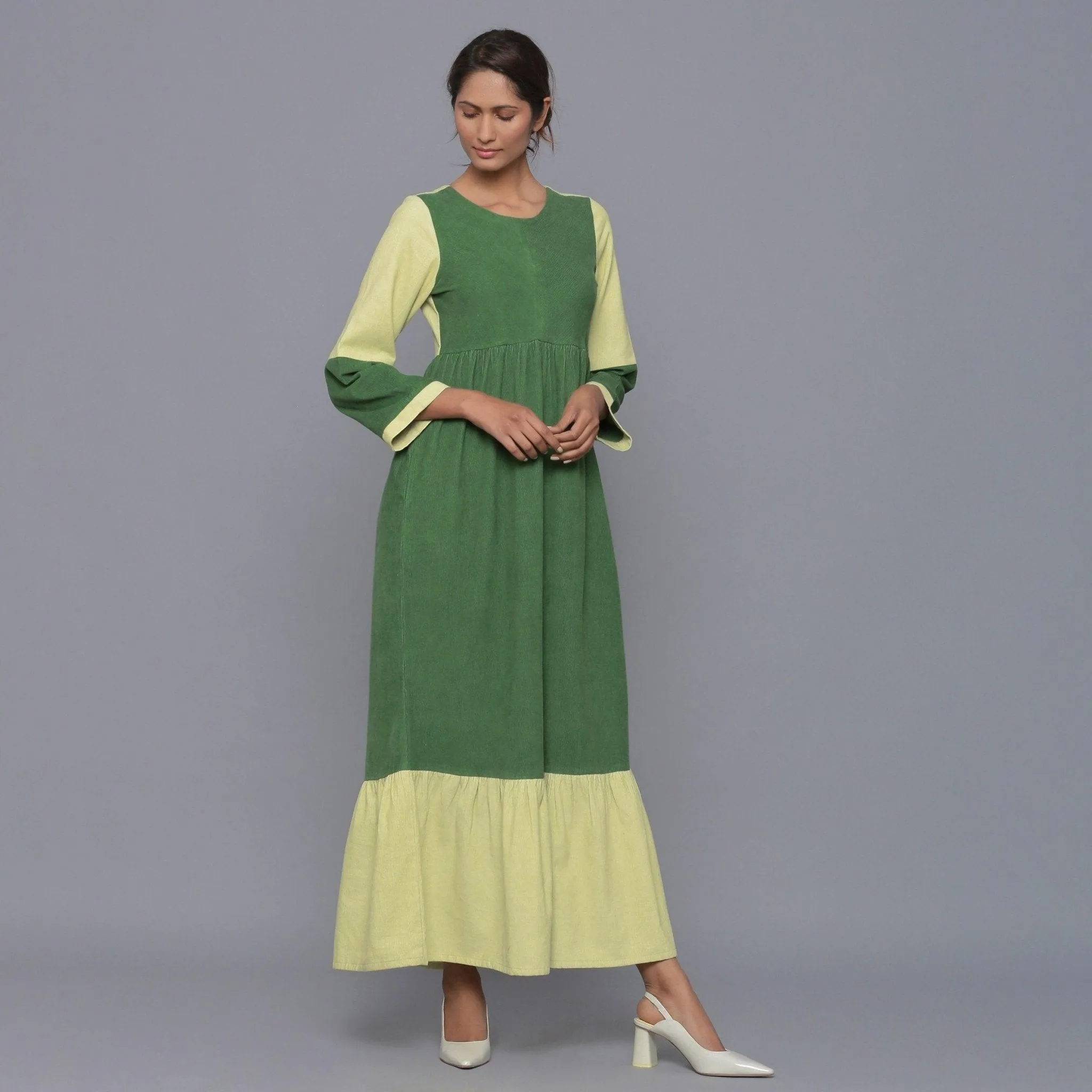 Moss Green Warm Cotton Corduroy Ankle Length Boho Dress