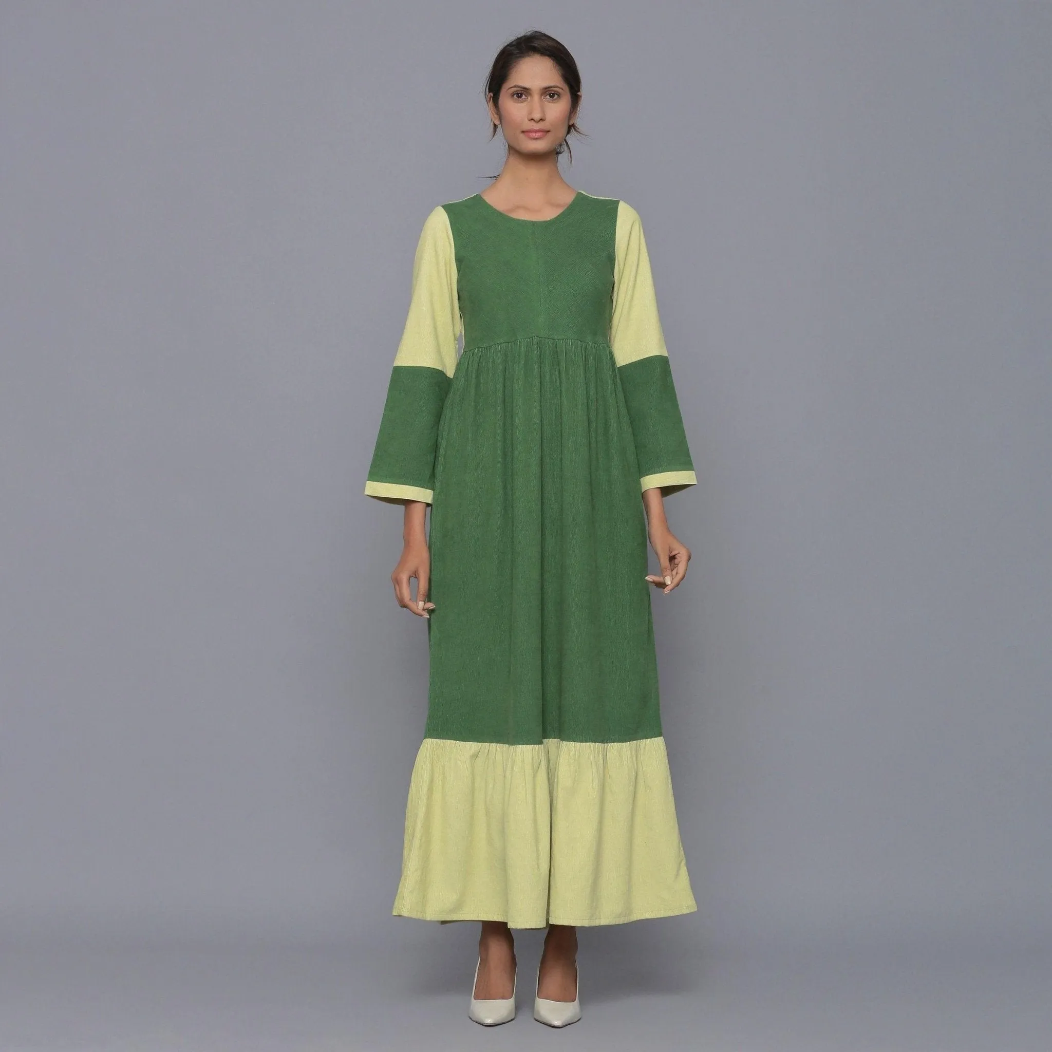 Moss Green Warm Cotton Corduroy Ankle Length Boho Dress