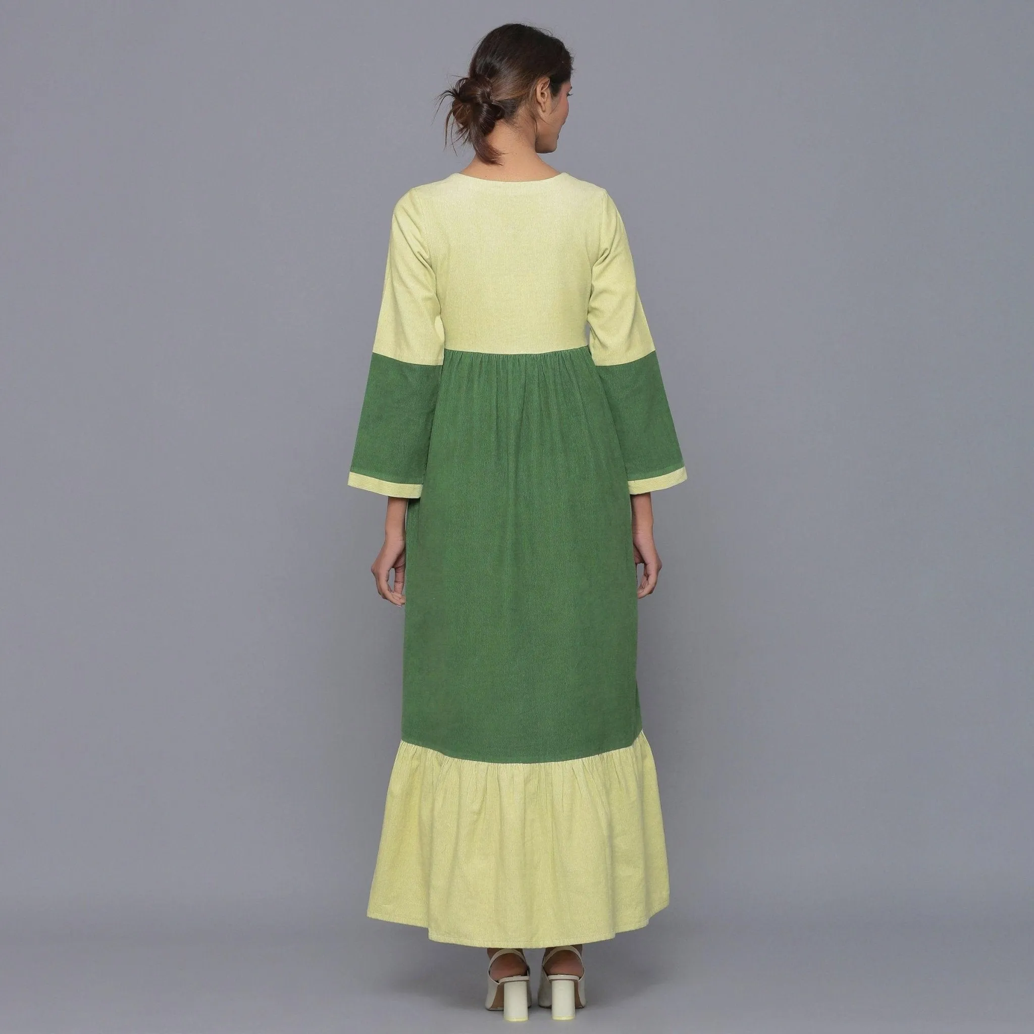 Moss Green Warm Cotton Corduroy Ankle Length Boho Dress