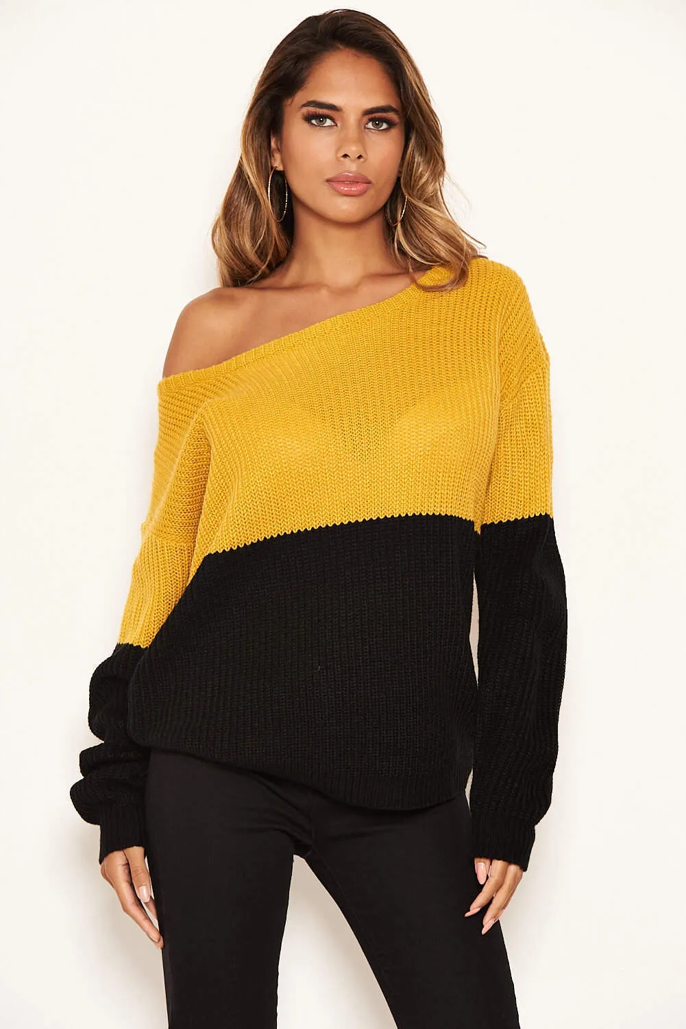 Mustard and Black Off Shoulder Knit Jumper