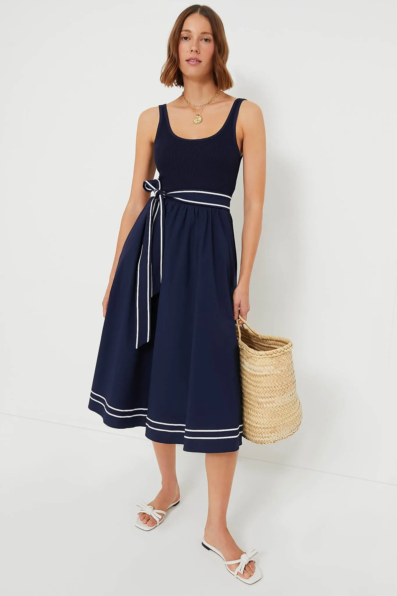 Nautical Navy Poplin Rib Midi Dress