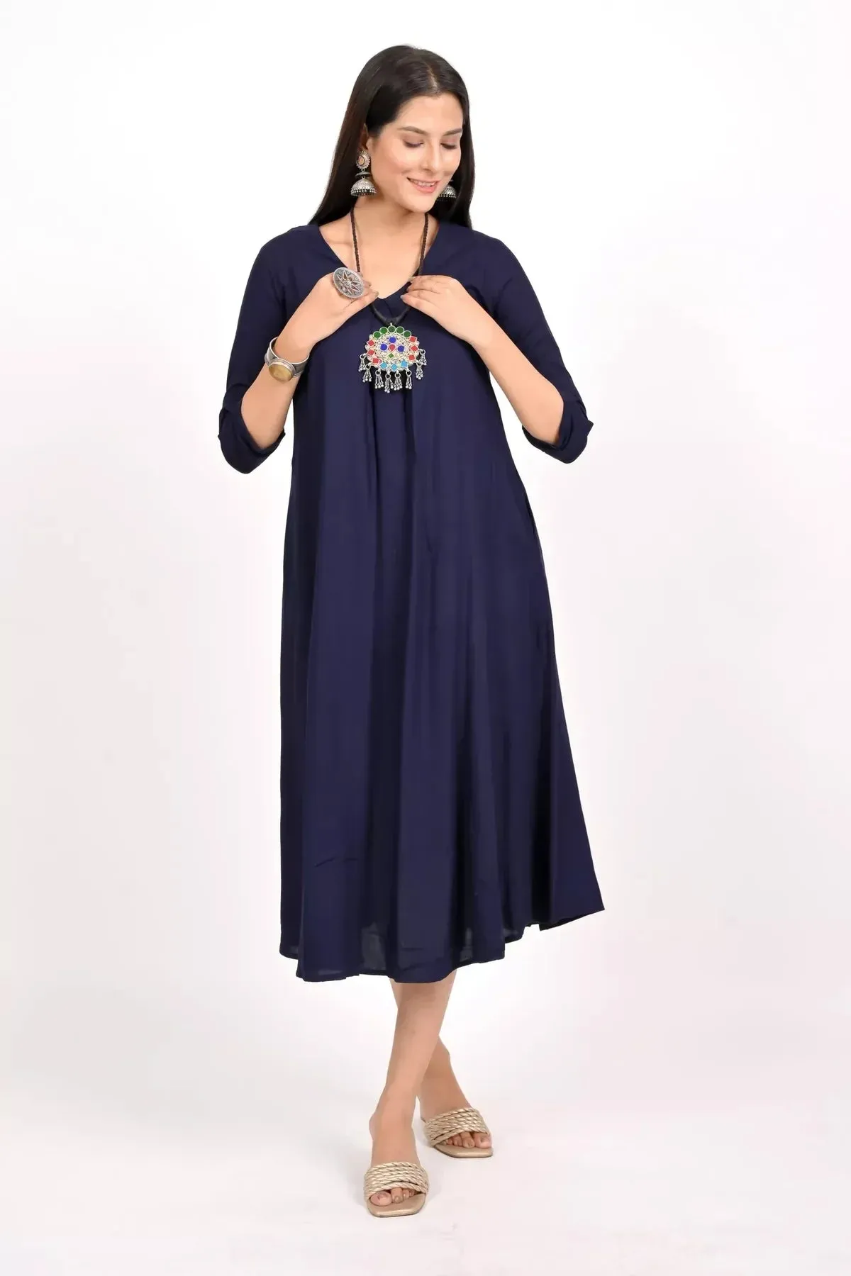 NAVY BLUE BOX PLEATED LONG DRESS