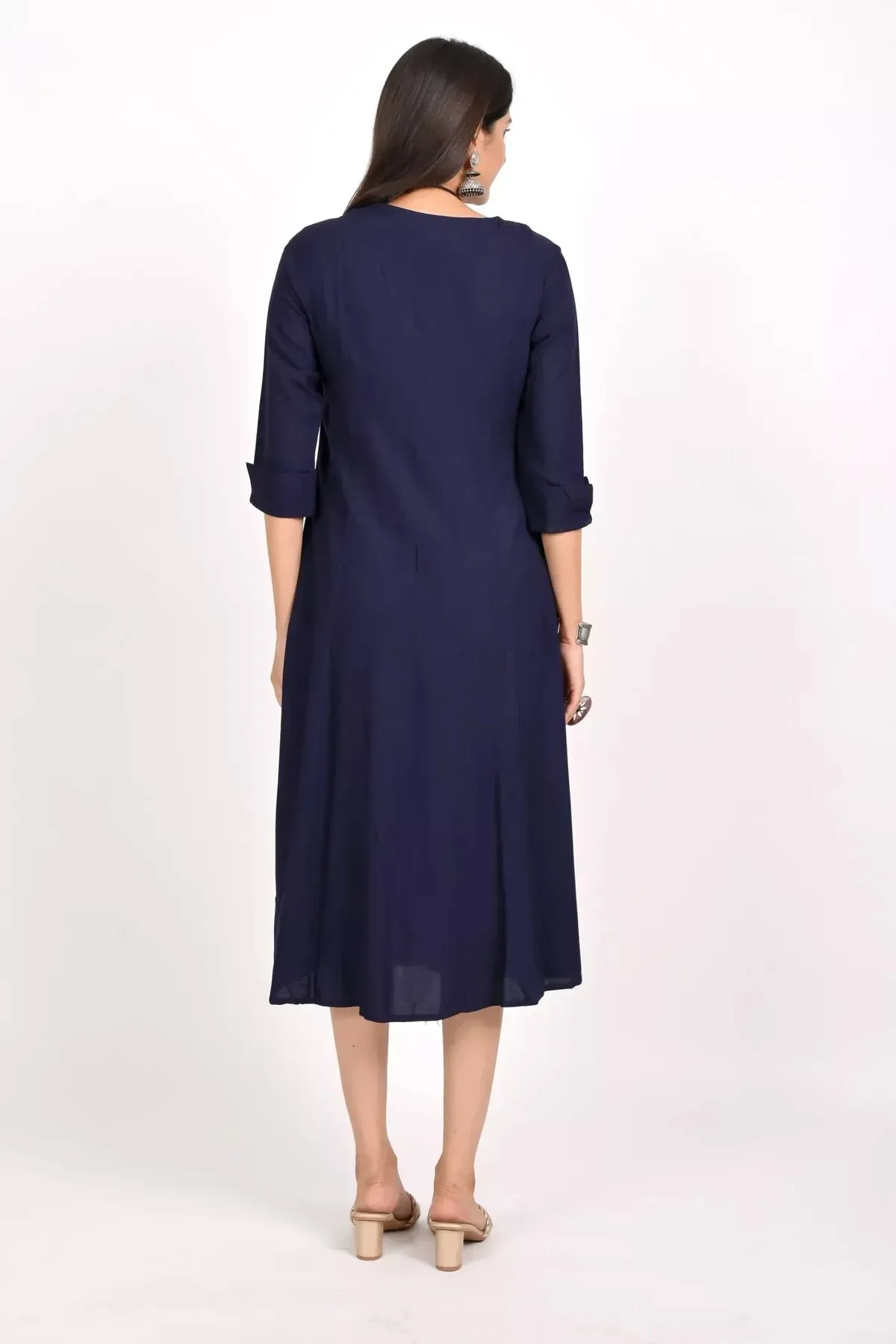 NAVY BLUE BOX PLEATED LONG DRESS