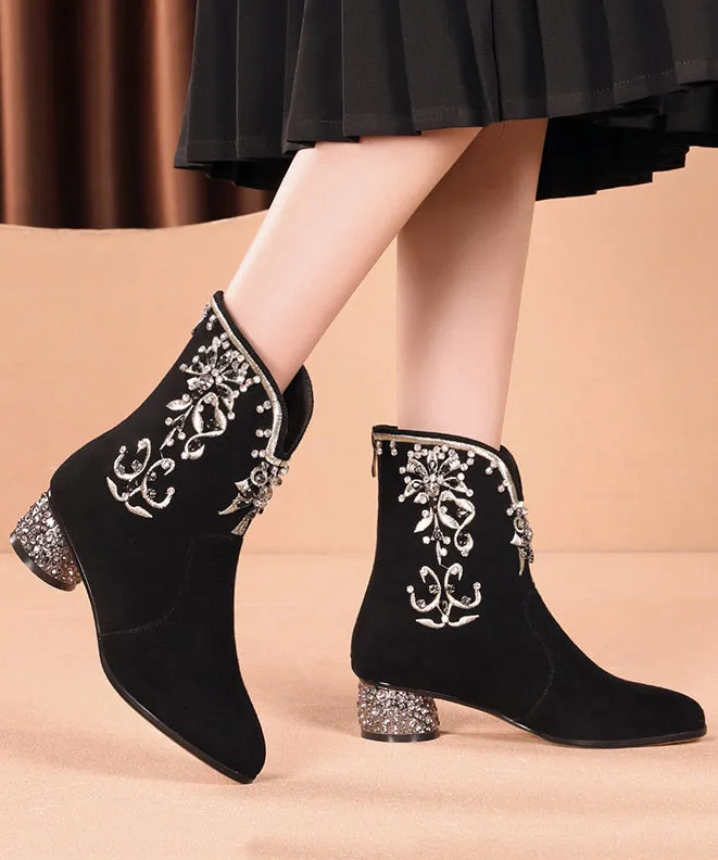 New Black Embroidered Zircon Splicing Suede Chunky Boots RT1083