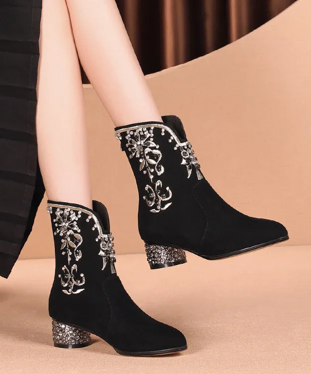 New Black Embroidered Zircon Splicing Suede Chunky Boots RT1083