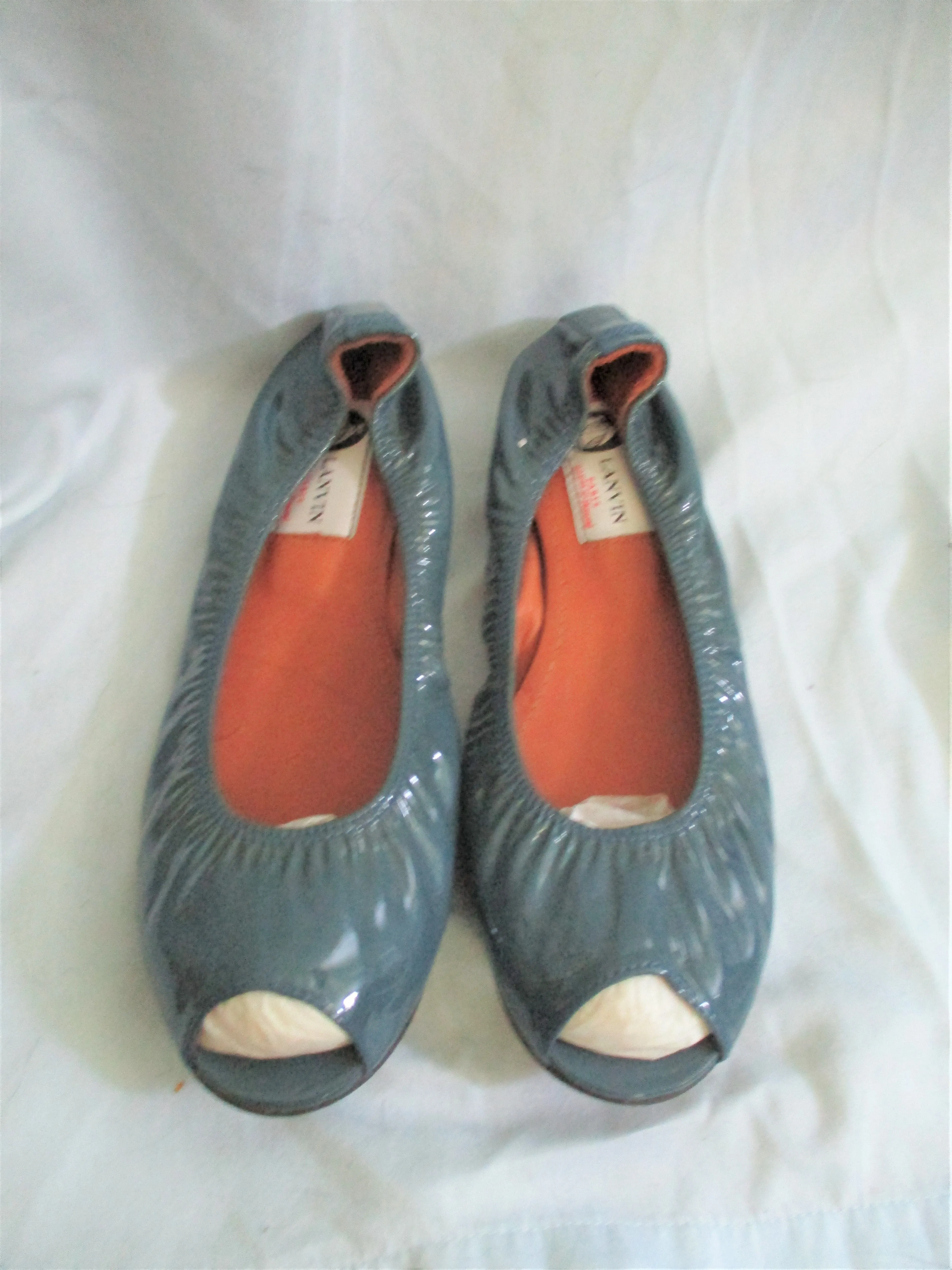 NEW LANVIN Patent Leather Ballet Flat Shoe 36.5 Peep Toe Slipper BLUE