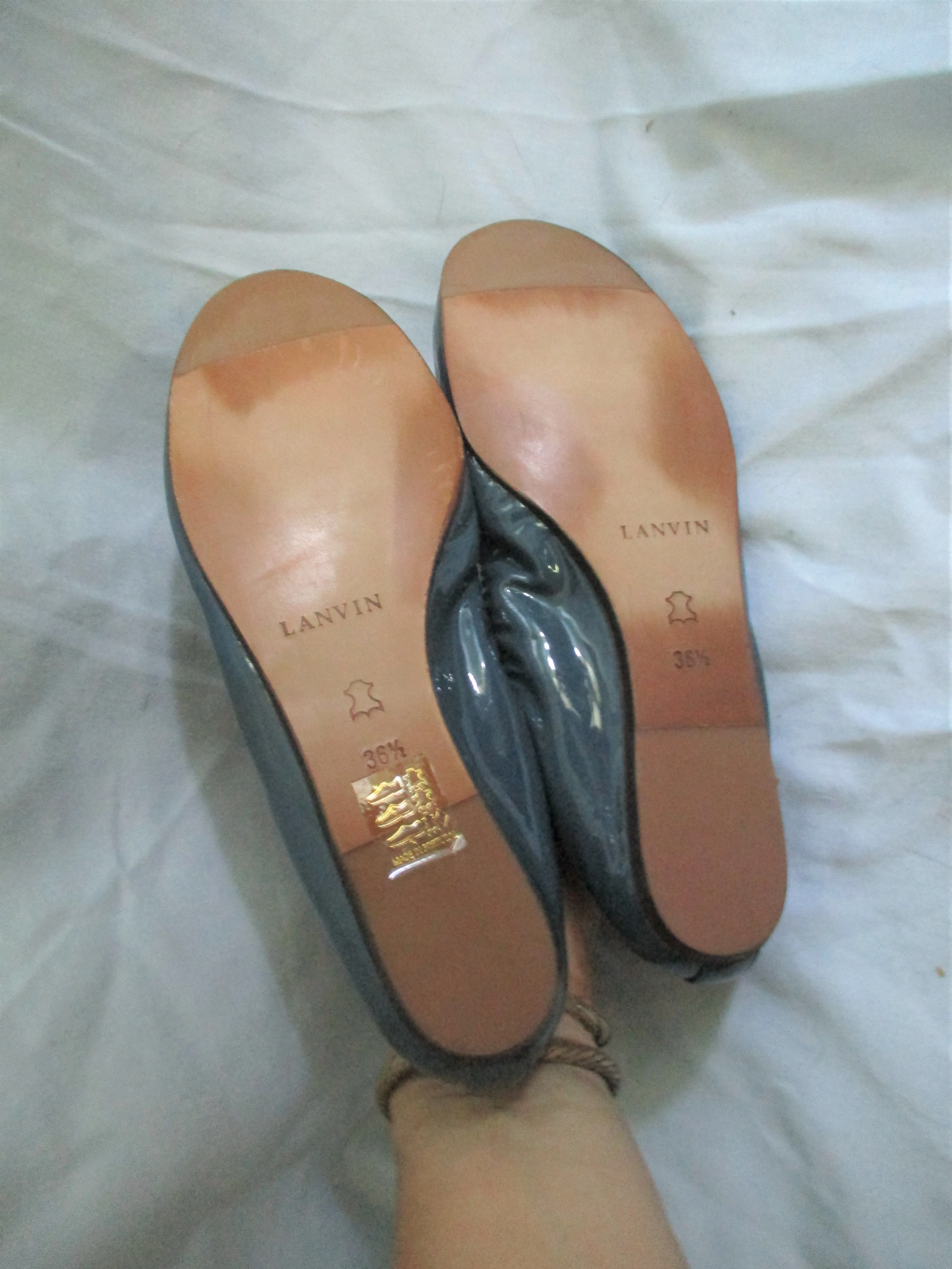 NEW LANVIN Patent Leather Ballet Flat Shoe 36.5 Peep Toe Slipper BLUE