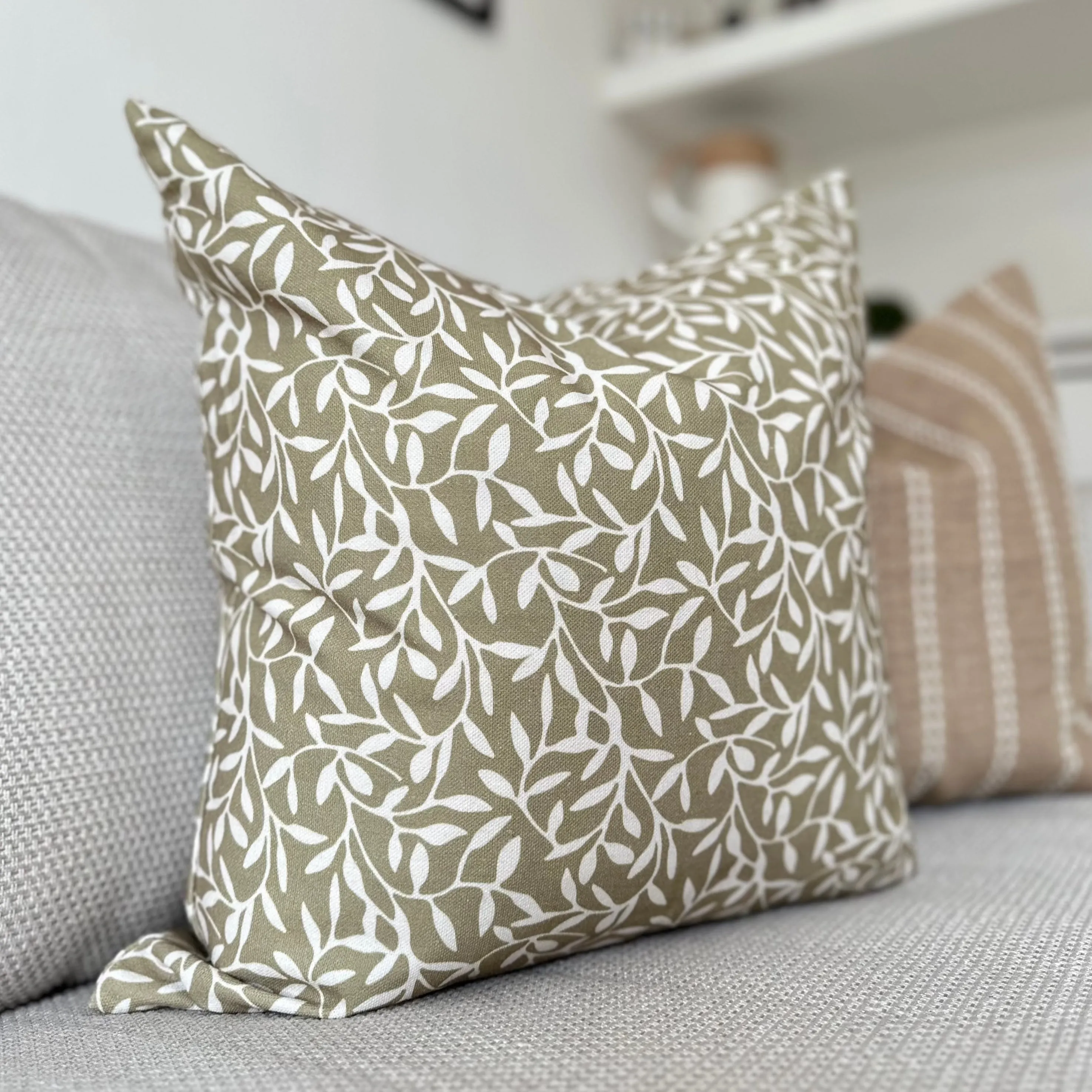 Olive Green & Cream Leaf Print Square Cotton Cushion