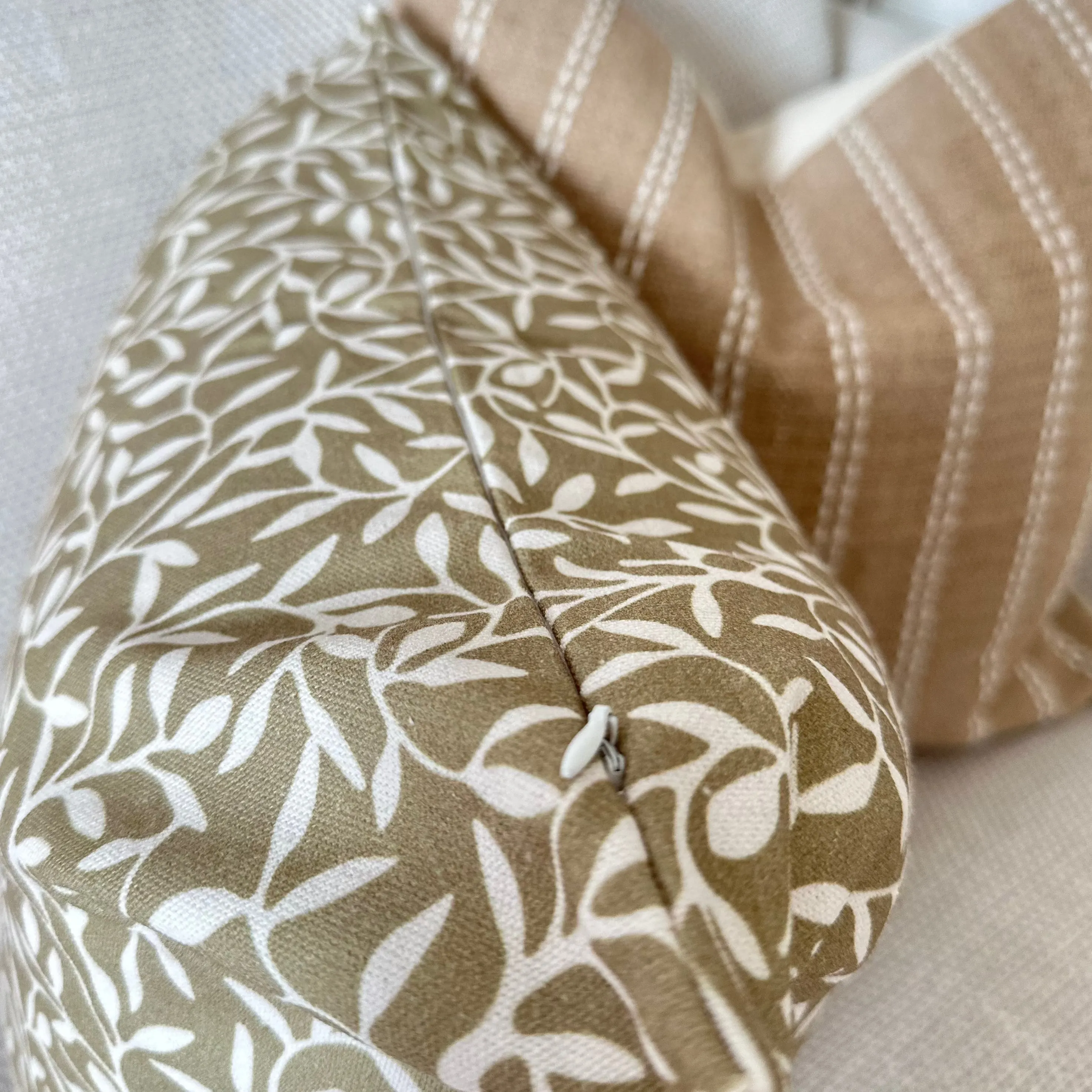 Olive Green & Cream Leaf Print Square Cotton Cushion