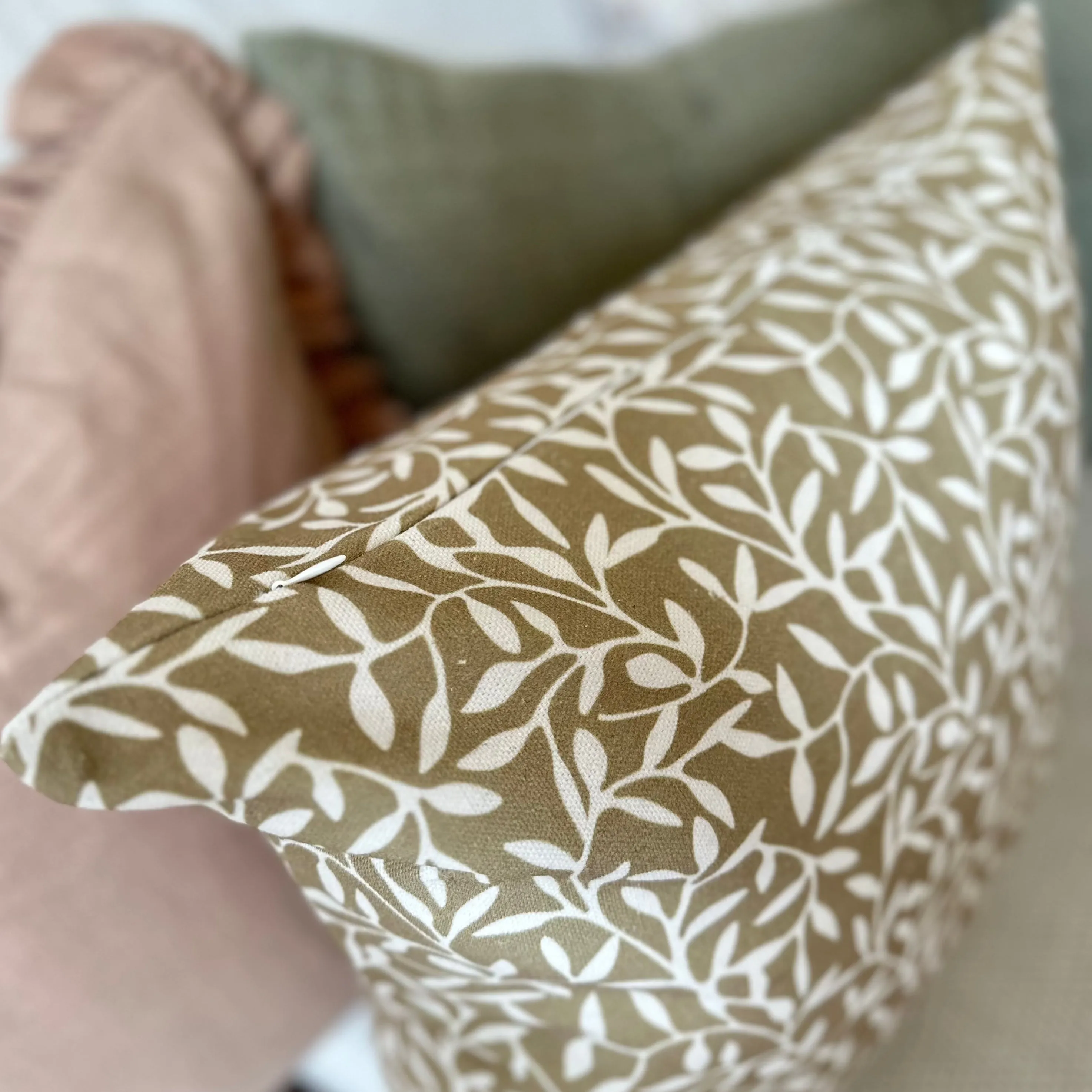 Olive Green & Cream Leaf Print Square Cotton Cushion