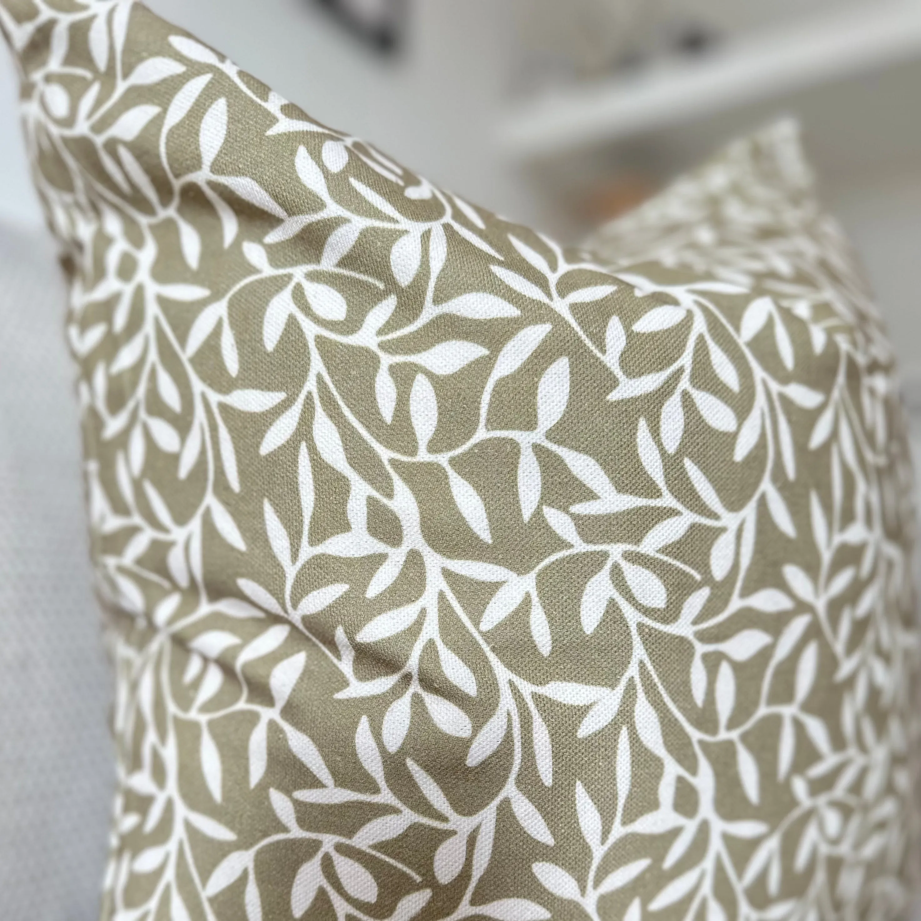 Olive Green & Cream Leaf Print Square Cotton Cushion