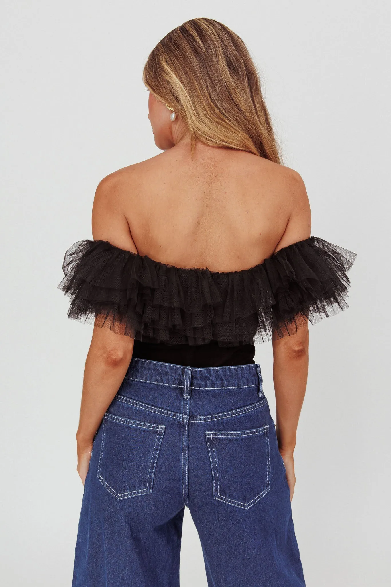 Opera Night Tulle Off-Shoulder Bodysuit Black