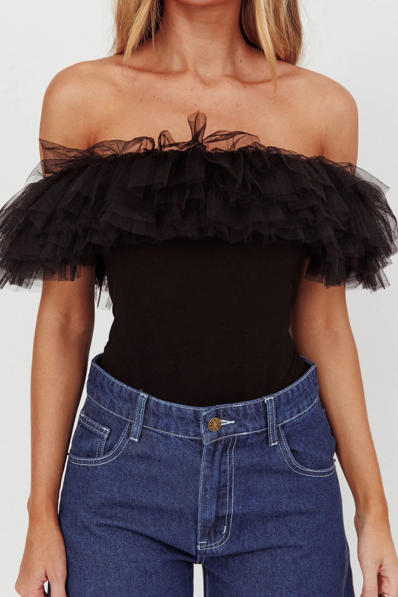 Opera Night Tulle Off-Shoulder Bodysuit Black