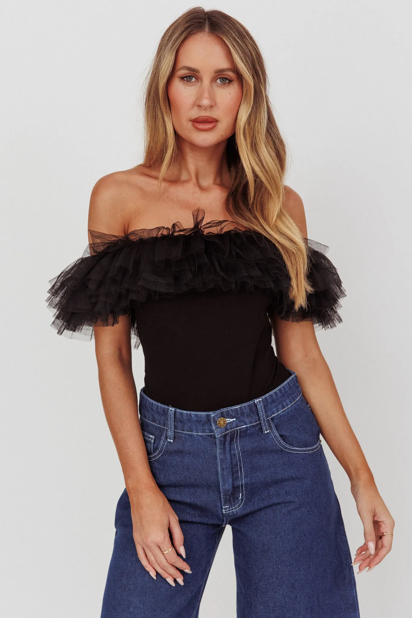 Opera Night Tulle Off-Shoulder Bodysuit Black