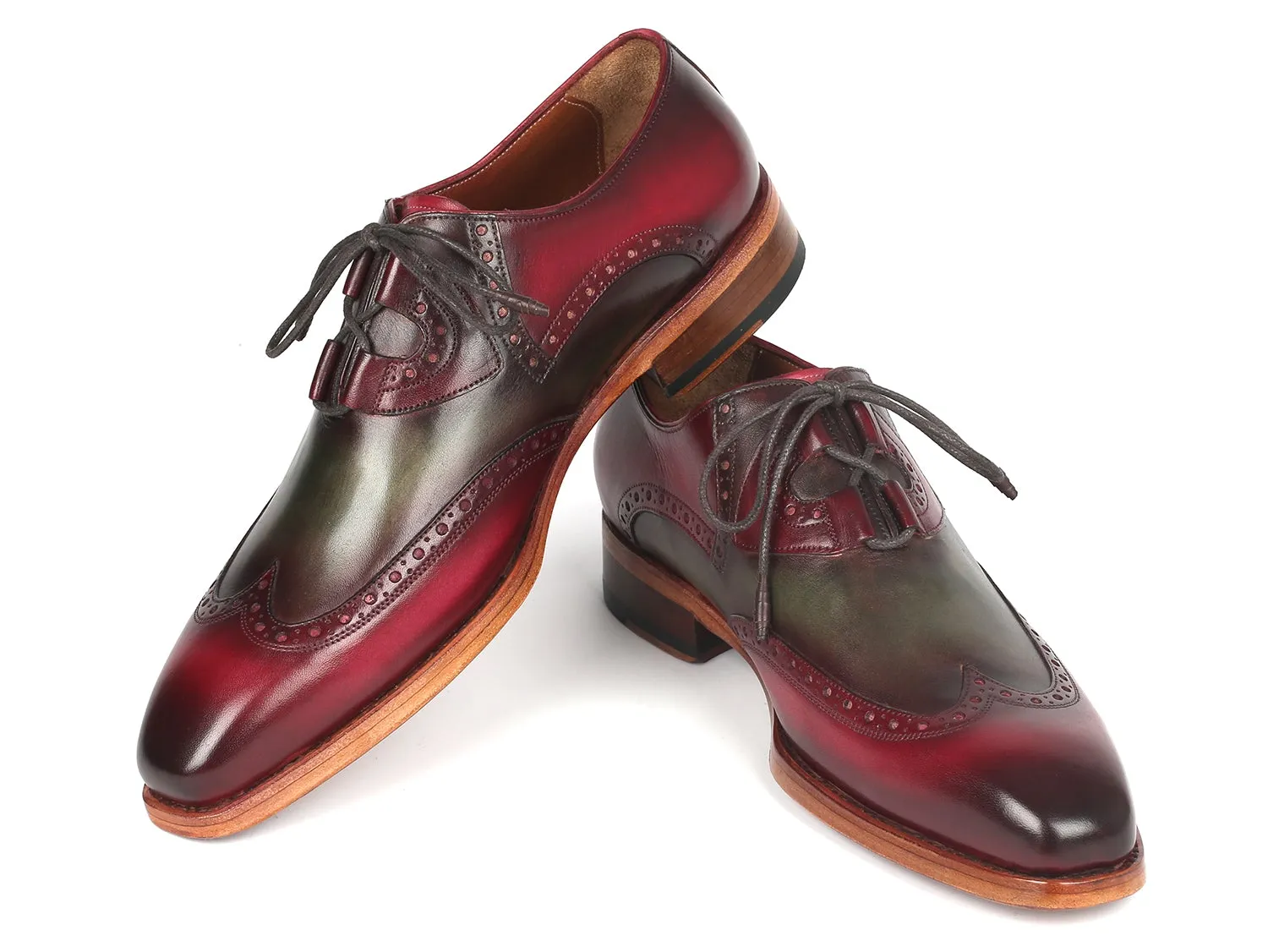 Paul Parkman Goodyear Welted Ghillie Lacing Brogues in Green & Bordeaux