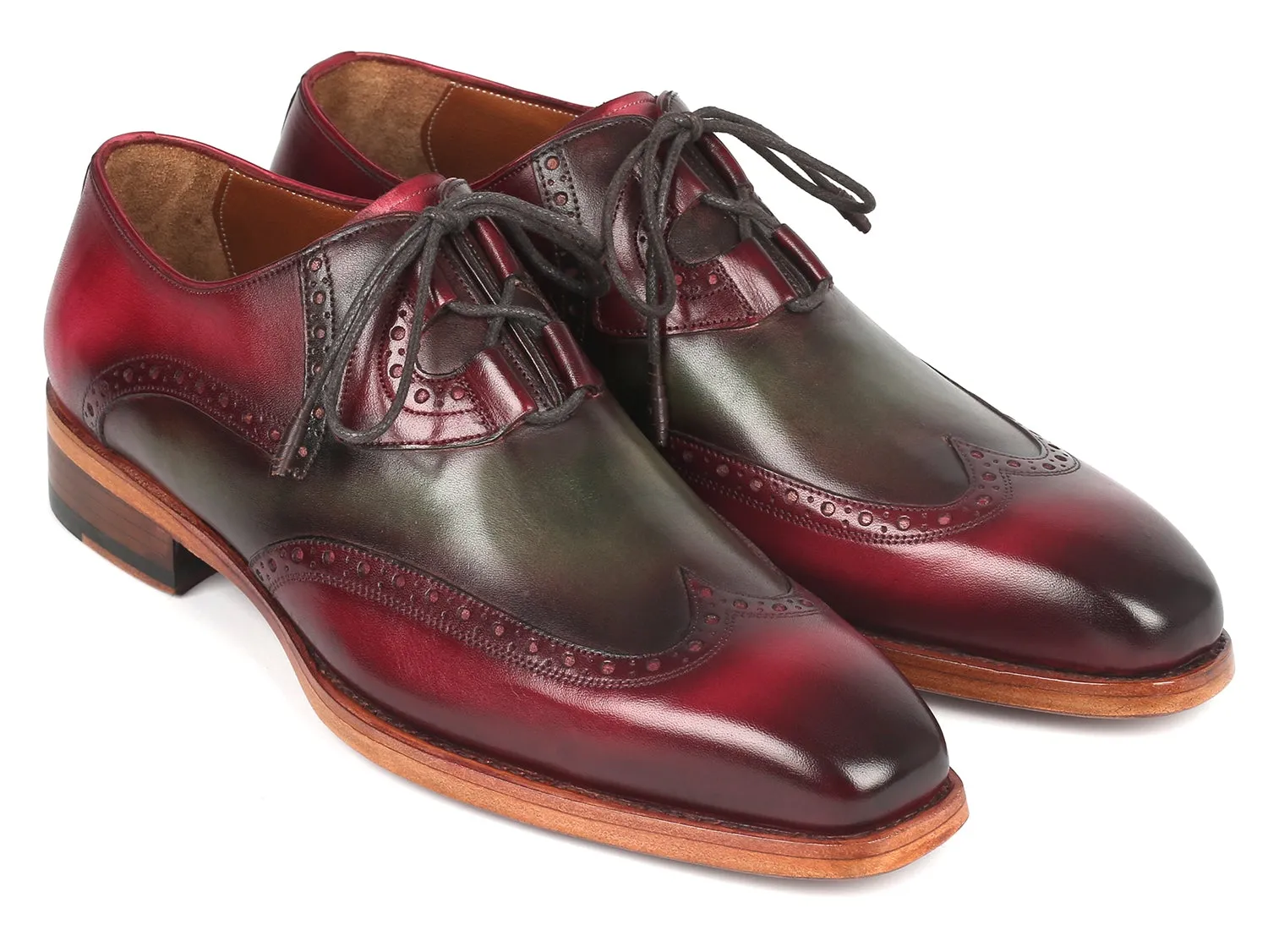 Paul Parkman Goodyear Welted Ghillie Lacing Brogues in Green & Bordeaux