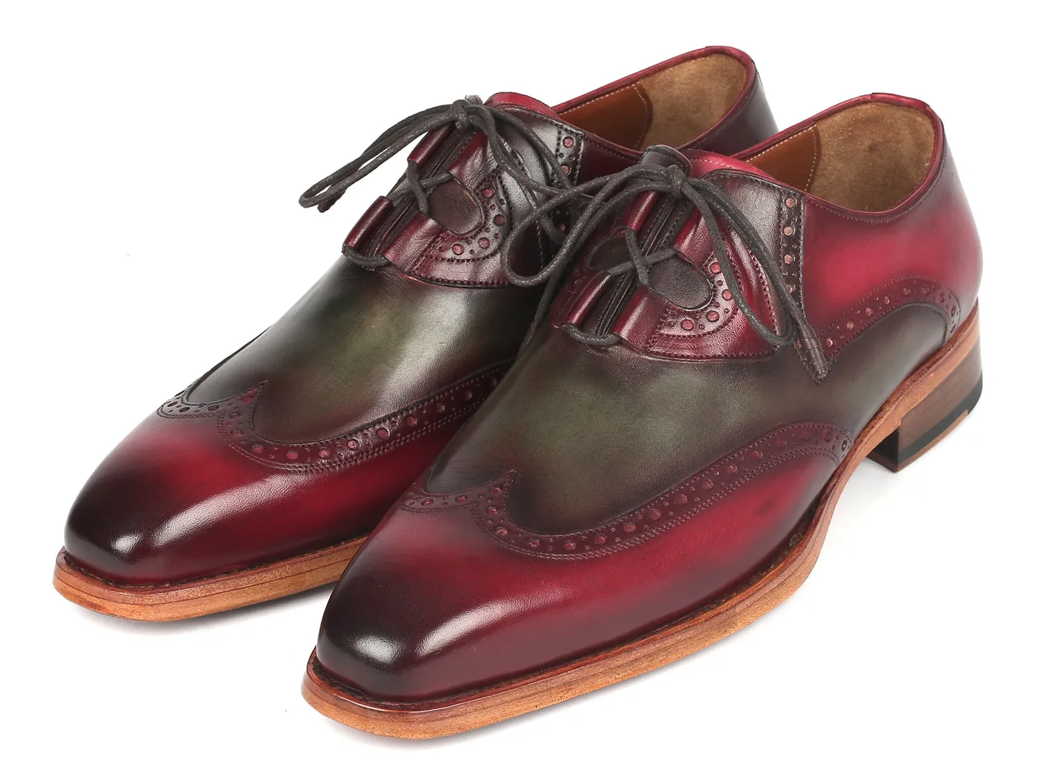 Paul Parkman Goodyear Welted Ghillie Lacing Brogues in Green & Bordeaux