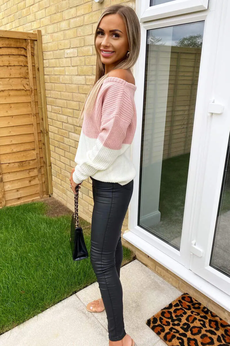 Pink And Cream Knit Off Shoulder Jumper