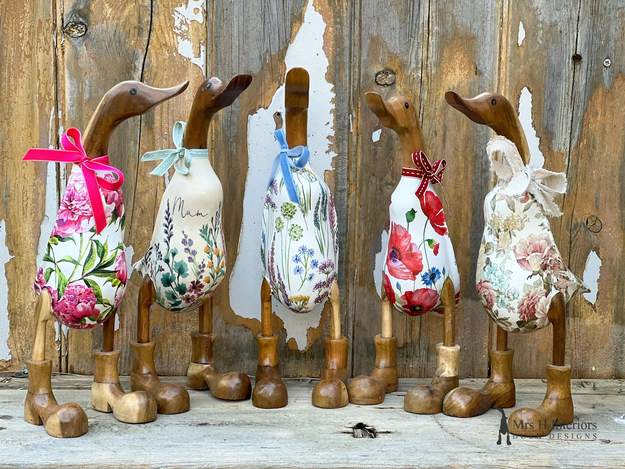 Pink Peony - The Floral Decorated Wooden Duck in Boots by Mrs H the Duck Lady