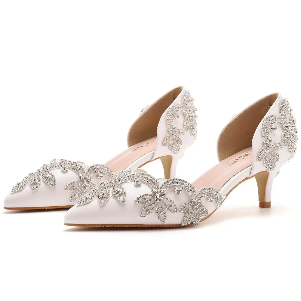 Pointed Toe Mid Cutout Two-Piece Rhinestone Slip On Kitten Heels