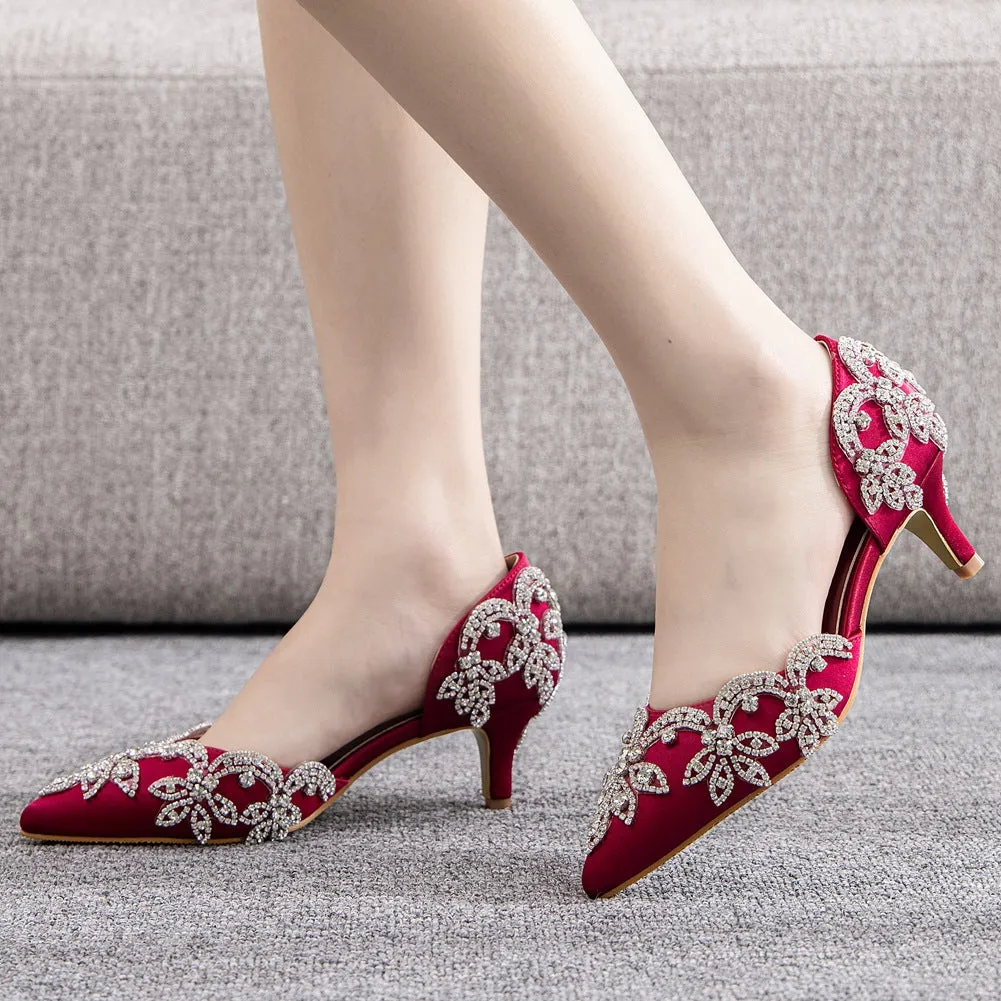 Pointed Toe Mid Cutout Two-Piece Rhinestone Slip On Kitten Heels