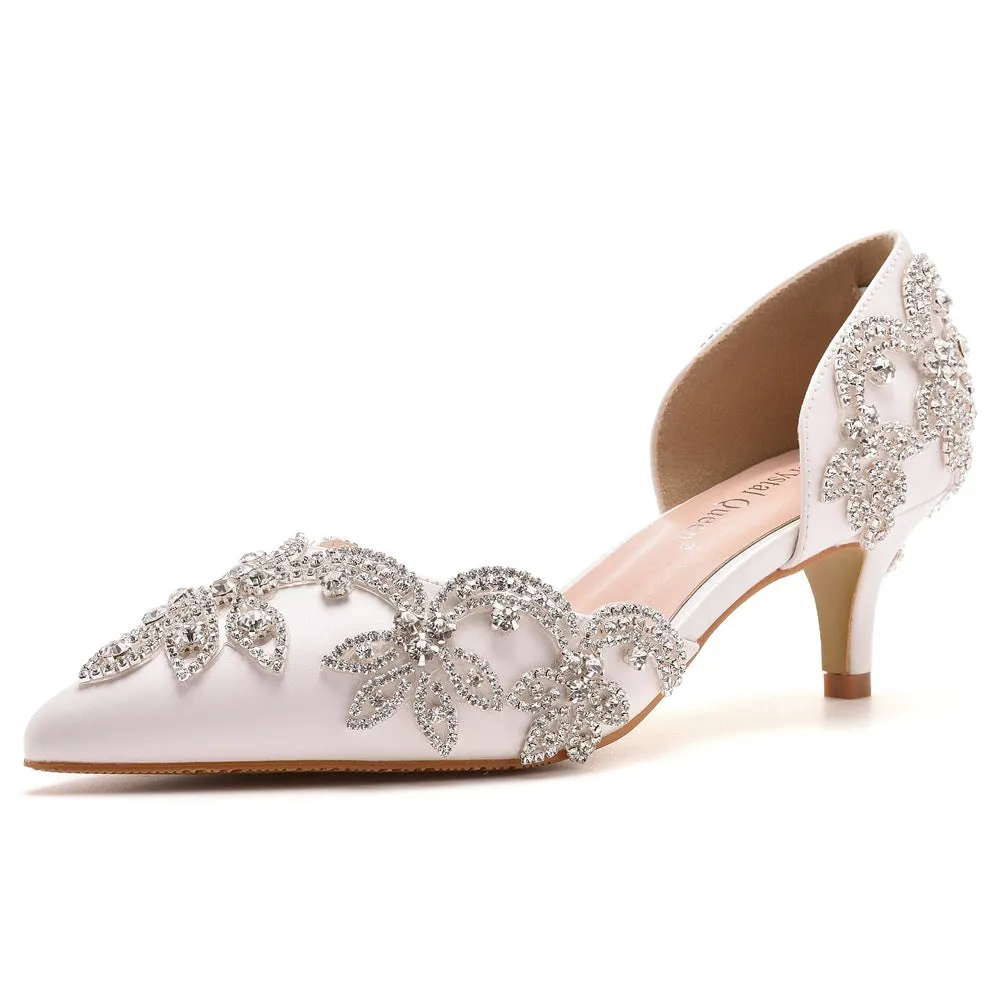 Pointed Toe Mid Cutout Two-Piece Rhinestone Slip On Kitten Heels