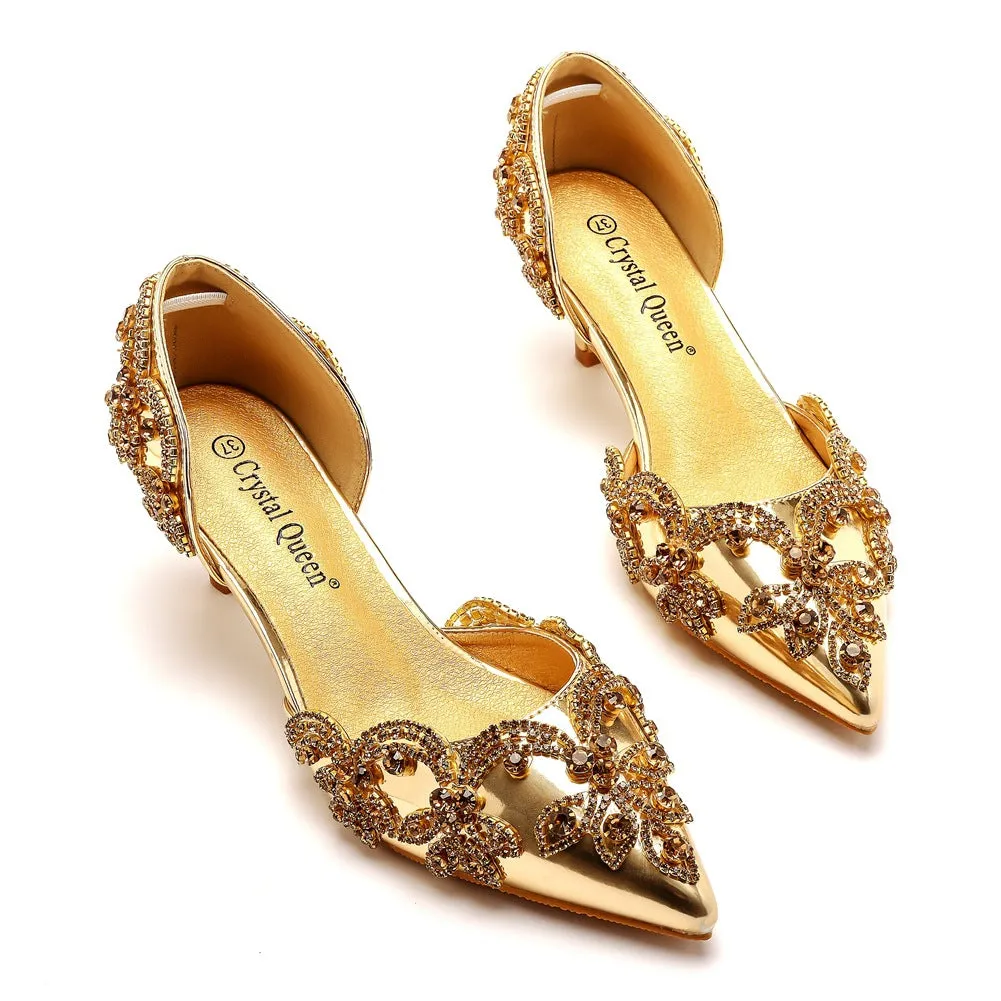 Pointed Toe Mid Cutout Two-Piece Rhinestone Slip On Kitten Heels