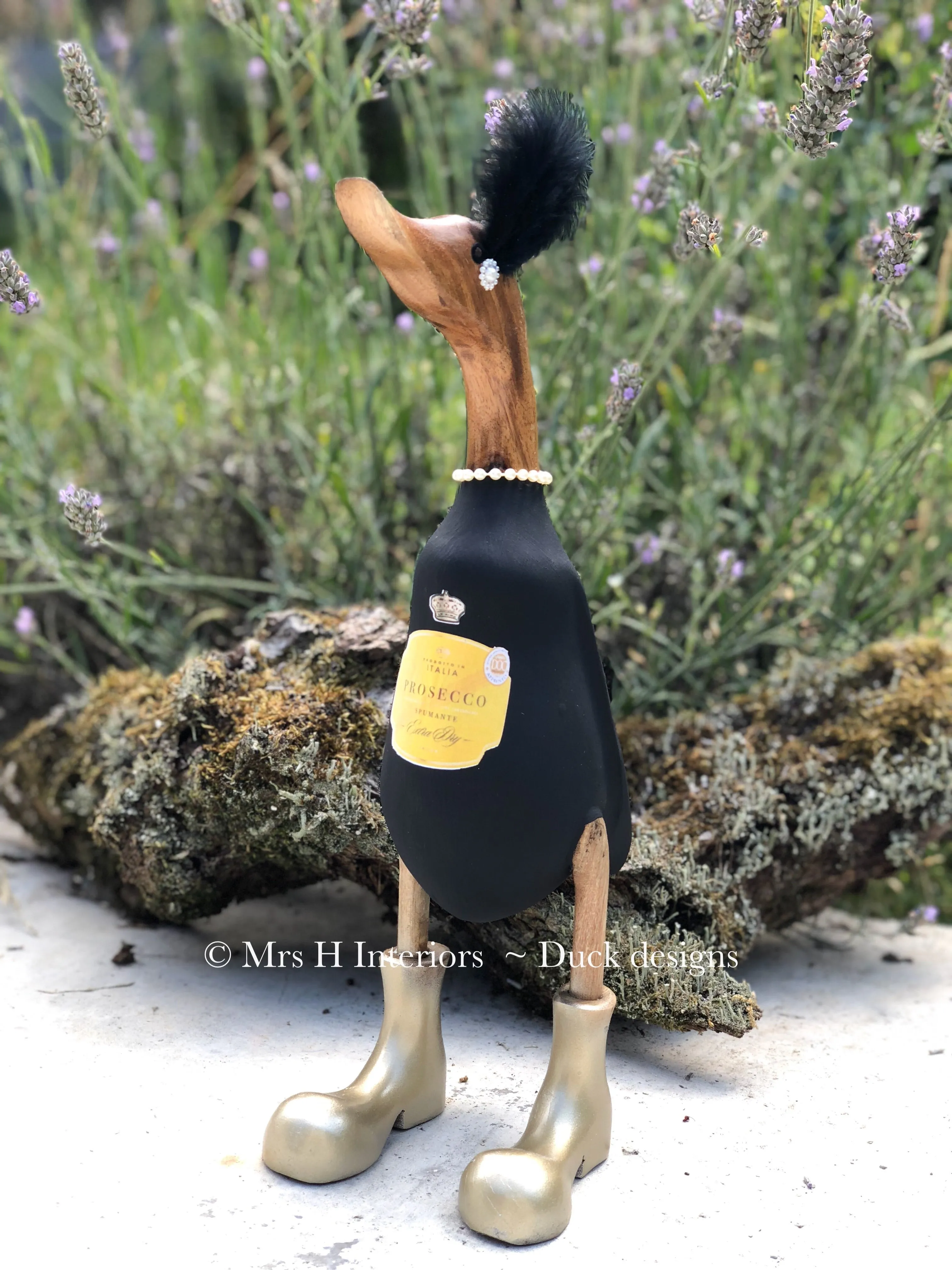 Prosecco - Decorated Wooden Duck in Boots by Mrs H the Duck Lady