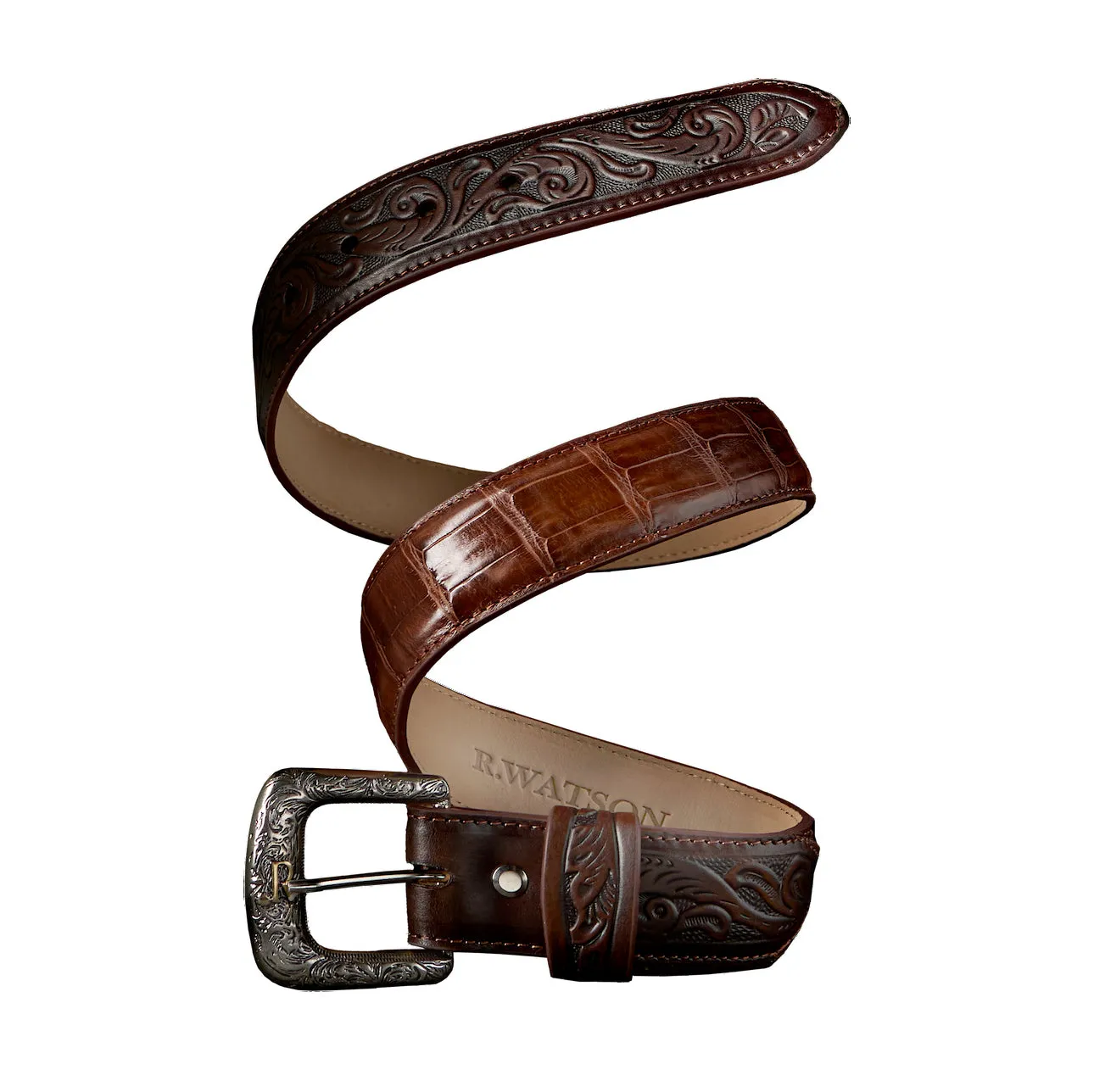 R. Watson Men's Tobacco Glazed Caiman with Brown Tanned Billets Western Belt RWB2309