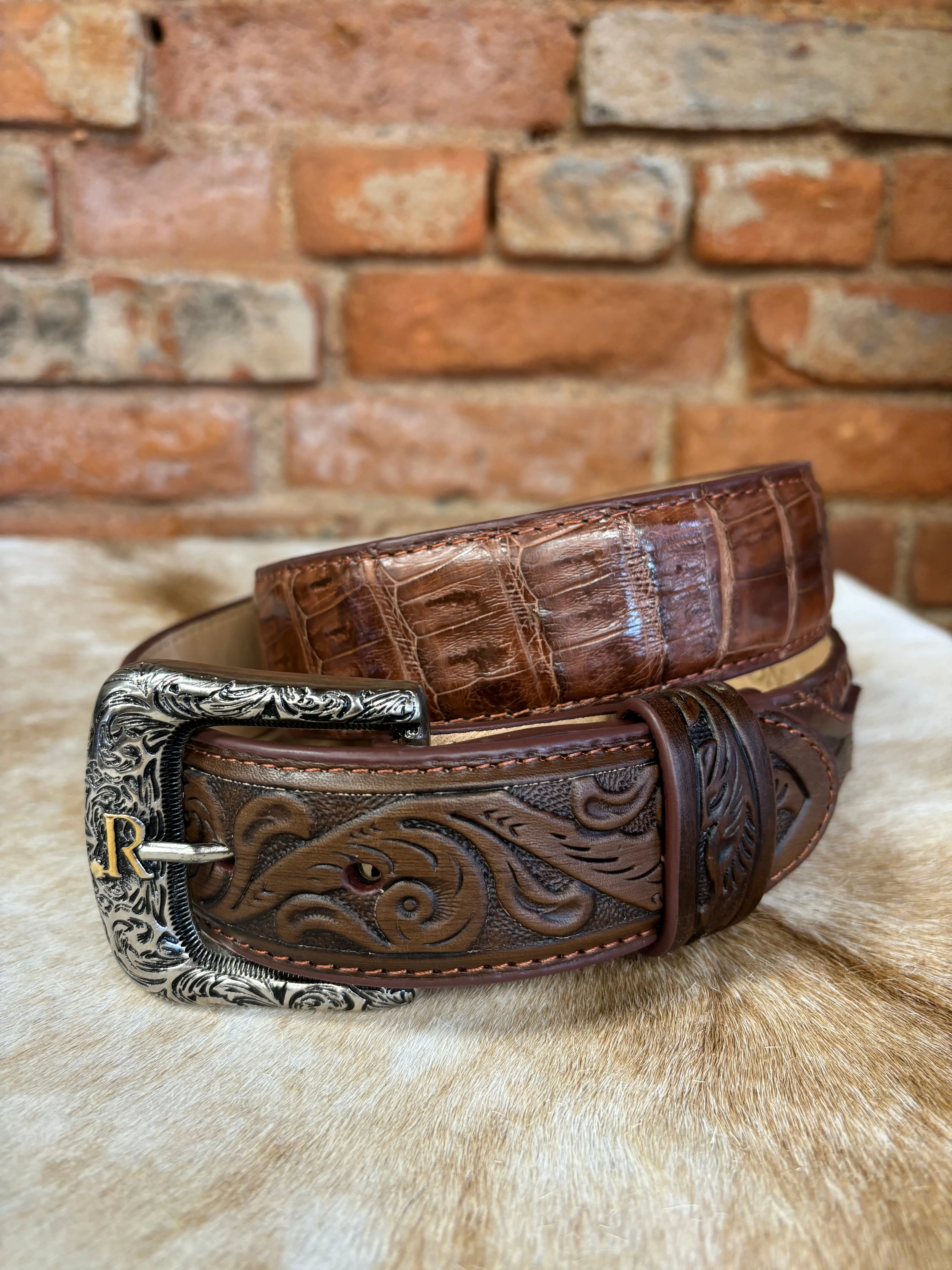 R. Watson Men's Tobacco Glazed Caiman with Brown Tanned Billets Western Belt RWB2309